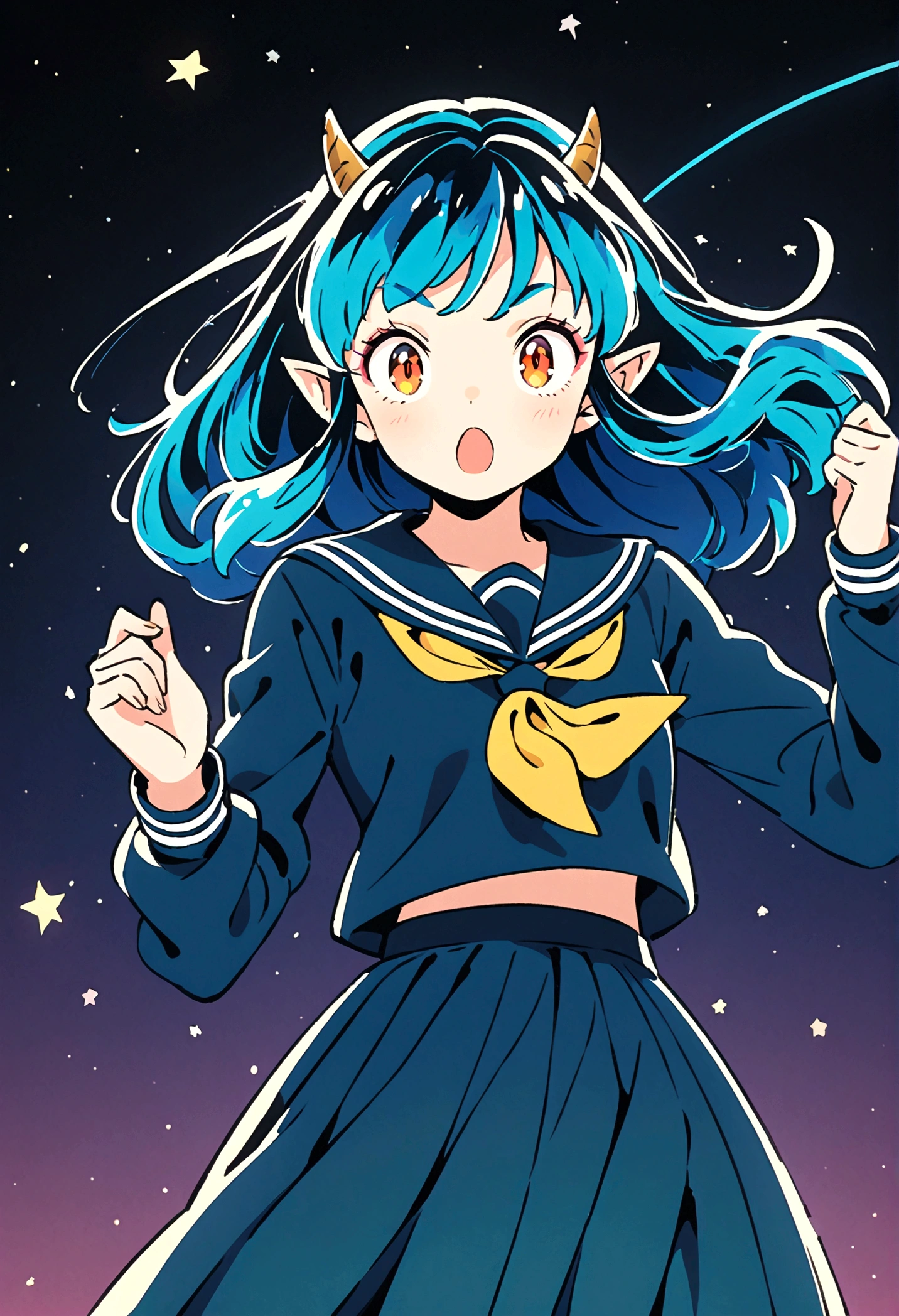 takahashi rumiko style,(1 girl,Lum,long hair,bangs,blue hair,orange eyes,horns,pointy ears,aqua hair,oni horns,(eyeshadow),(shirt,long sleeves,sailor suit,sailor collar,neckerchief,yellow neckerchief,blue shirt,blue sailor collar,blue skirt),the character Lum from "Urusei Yatsura",Bright and cheerful atmosphere,Background elements such as space or a starry sky,(masterpiece:1.3),(highest quality:1.4),(ultra detailed:1.5),High resolution,extremely detailed,unity 8k wallpaper,BREAK,Create a POP illustration style background,Outer space with the moon and stars floating in it,rich colors,colorful,shooting star,draw with thick lines,Sparkling,vector art,(masterpiece:1.3),(highest quality:1.4),(ultra detailed:1.5),High resolution,extremely detailed,unity 8k wallpaper