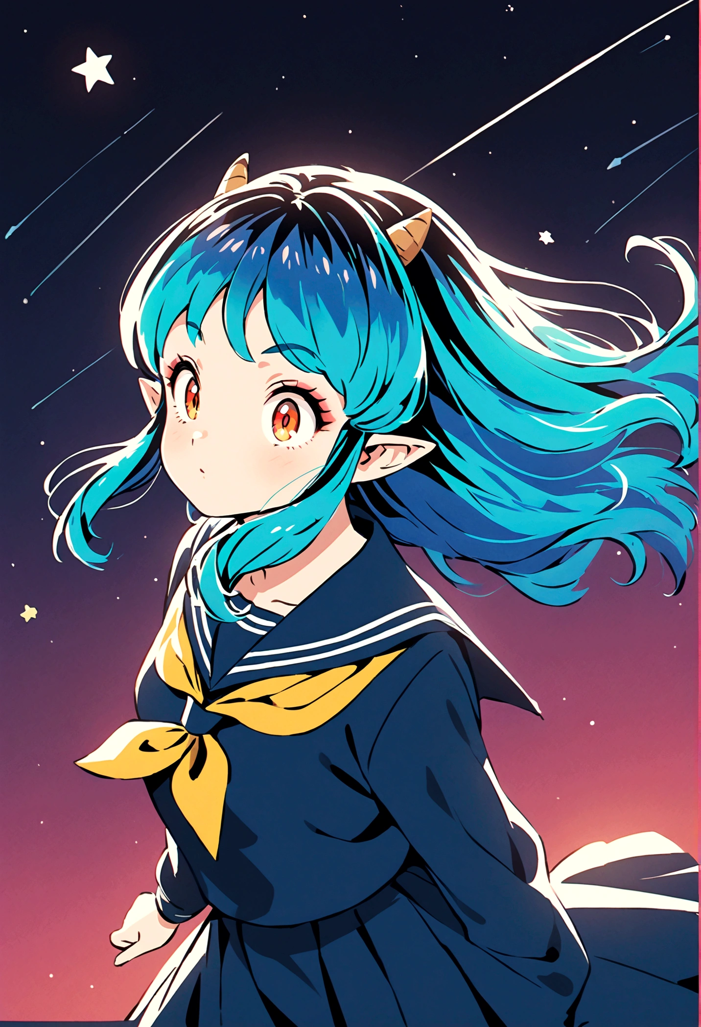 takahashi rumiko style,(1 girl,Lum,long hair,bangs,blue hair,orange eyes,horns,pointy ears,aqua hair,oni horns,(eyeshadow),(shirt,long sleeves,sailor suit,sailor collar,neckerchief,yellow neckerchief,blue shirt,blue sailor collar,blue skirt),the character Lum from "Urusei Yatsura",Bright and cheerful atmosphere,Background elements such as space or a starry sky,(masterpiece:1.3),(highest quality:1.4),(ultra detailed:1.5),High resolution,extremely detailed,unity 8k wallpaper,BREAK,Create a POP illustration style background,Outer space with the moon and stars floating in it,rich colors,colorful,shooting star,draw with thick lines,Sparkling,vector art,(masterpiece:1.3),(highest quality:1.4),(ultra detailed:1.5),High resolution,extremely detailed,unity 8k wallpaper