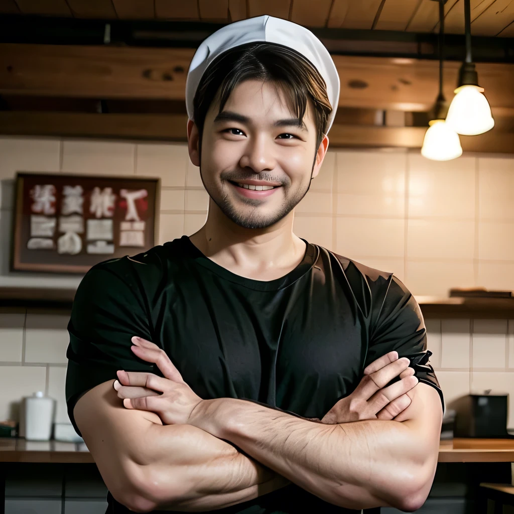 8K, ultra detailed, (realistic:1.2), masterpiece, 40yo, A man wearing a black T-shirt and a white bandana on his head, crossed arms, (smile:1.2),(fat, muscular:1.0), Ramen restaurant kitchen, standing