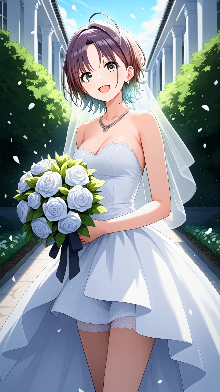 score_9, score_8_up, score_7_up, score_6_up, score_5_up, score_4_up, source_anime, aatoru, short hair, gradient hair, ahoge, medium breasts, garden, standing, smile, open mouth, wedding dress, white dress, strapless, necklace, holding bouquet, confetti, cowboy shot,