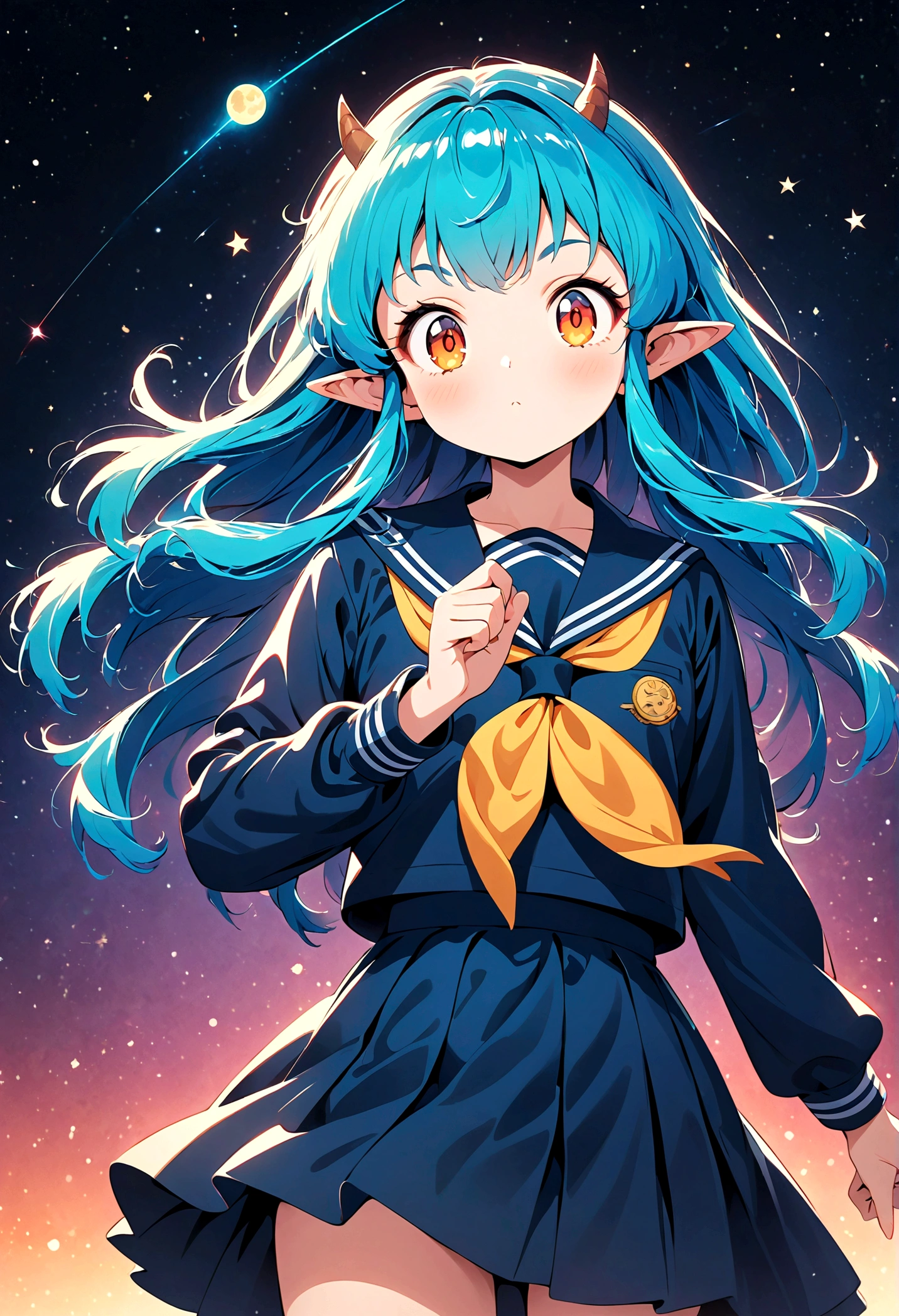 takahashi rumiko style,(1 girl,Lum,long hair,bangs,blue hair,orange eyes,horns,pointy ears,aqua hair,oni horns,(eyeshadow),(shirt,long sleeves,sailor suit,sailor collar,neckerchief,yellow neckerchief,blue shirt,blue sailor collar,blue skirt),the character Lum from "Urusei Yatsura",Bright and cheerful atmosphere,Background elements such as space or a starry sky,(masterpiece:1.3),(highest quality:1.4),(ultra detailed:1.5),High resolution,extremely detailed,unity 8k wallpaper,BREAK,Create a POP illustration style background,Outer space with the moon and stars floating in it,rich colors,colorful,shooting star,draw with thick lines,Sparkling,vector art,(masterpiece:1.3),(highest quality:1.4),(ultra detailed:1.5),High resolution,extremely detailed,unity 8k wallpaper