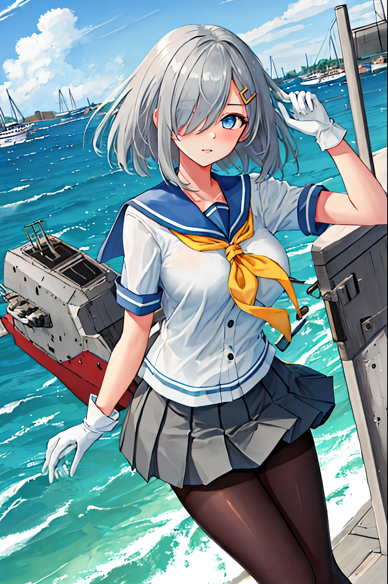 best quality, masterpiece, highres, solo, {hamakaze_kantaicollection:0.90}, 1girl, black_pantyhose, pleated_skirt, serafuku, short_sleeves, simple_background, white_background, yellow_neckerchief, white_gloves, looking_at_viewer, grey_skirt, blush, eyes_visible_through_hair, blue_sailor_collar, dynamic_posing,long_bangs,hair_over_one_eye,harbor_school_background,outdoor,large_breasts,