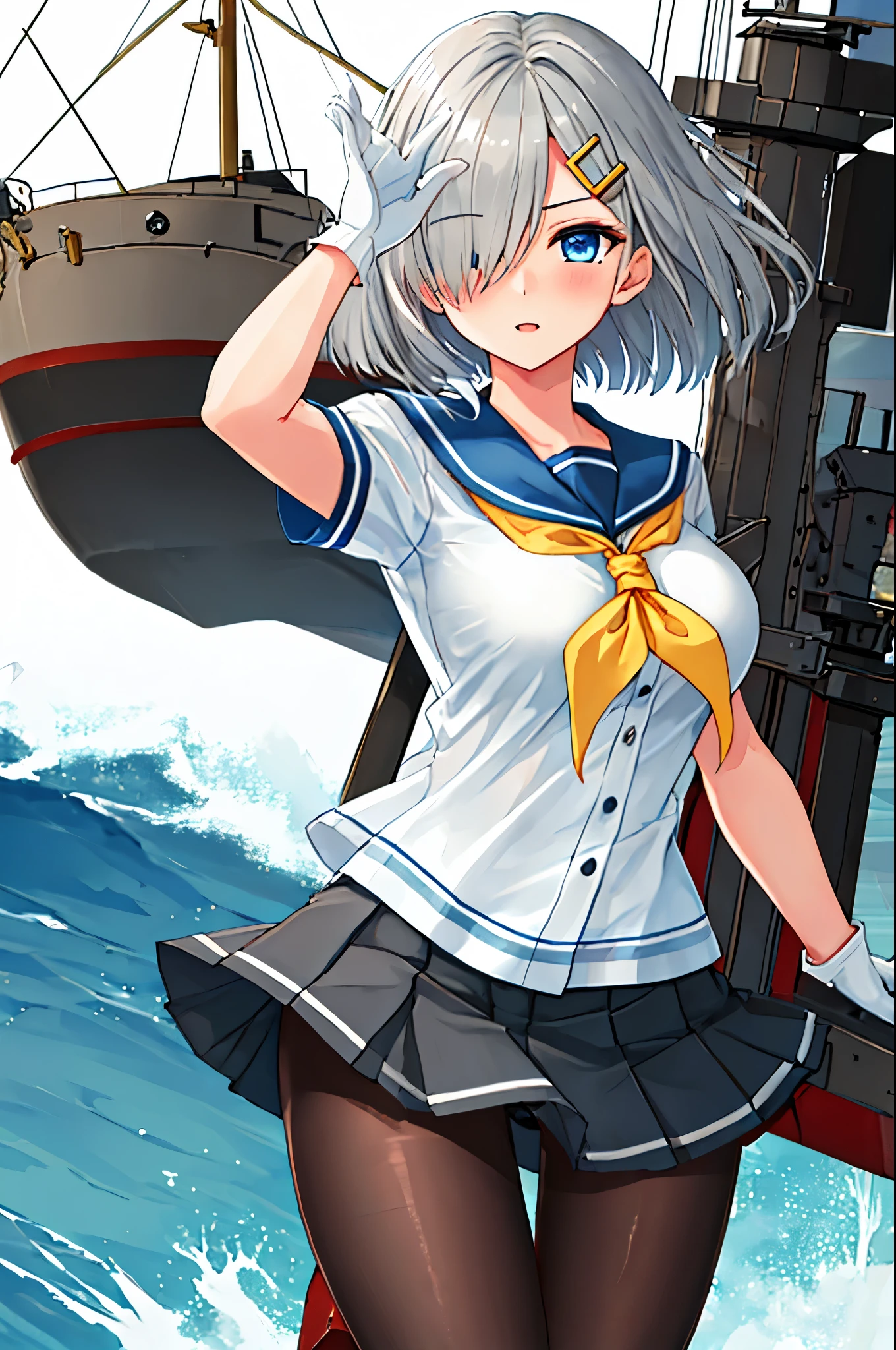 best quality, masterpiece, highres, solo, {hamakaze_kantaicollection:0.90}, 1girl, black_pantyhose, pleated_skirt, serafuku, short_sleeves, simple_background, white_background, yellow_neckerchief, white_gloves, looking_at_viewer, grey_skirt, blush, eyes_visible_through_hair, blue_sailor_collar, dynamic_posing,long_bangs,hair_over_one_eye,harbor_school_background,outdoor,large_breasts,