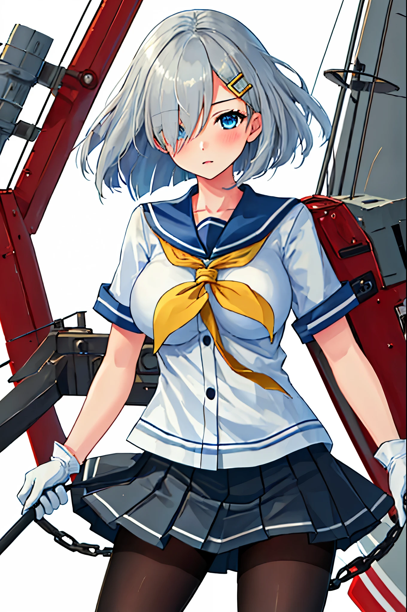 best quality, masterpiece, highres, solo, {hamakaze_kantaicollection:0.90}, 1girl, black_pantyhose, pleated_skirt, serafuku, short_sleeves, simple_background, white_background, yellow_neckerchief, white_gloves, looking_at_viewer, grey_skirt, blush, eyes_visible_through_hair, blue_sailor_collar, dynamic_posing,long_bangs,hair_over_one_eye,harbor_school_background,outdoor,large_breasts,