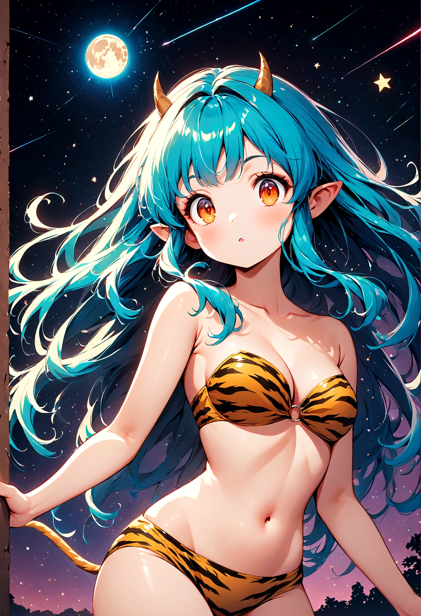 takahashi rumiko style,(1 girl,Lum,long hair,bangs,blue hair,orange eyes,horns,pointy ears,aqua hair,oni horns,(eyeshadow),,navel, cleavage, swimsuit, bikini, strapless, animal print, yellow bikini, tiger print, strapless bikini,,the character Lum from "Urusei Yatsura",Bright and cheerful atmosphere,Background elements such as space or a starry sky,(masterpiece:1.3),(highest quality:1.4),(ultra detailed:1.5),High resolution,extremely detailed,unity 8k wallpaper,BREAK,Create a POP illustration style background,Outer space with the moon and stars floating in it,rich colors,colorful,shooting star,draw with thick lines,Sparkling,vector art,(masterpiece:1.3),(highest quality:1.4),(ultra detailed:1.5),High resolution,extremely detailed,unity 8k wallpaper