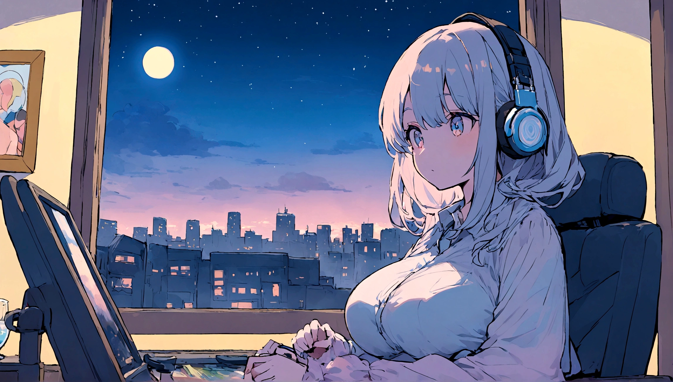 portrait、512、lofi、Girl with headphones sitting in a chair studying、night、Pastel colors、Painting, lots of stars and moon, super big breast,pank rock,portrait、512、lofi、Girl with bike、City view outside the window、night、Pastel colors、Painting, lots of stars and moon, super big breast,Riding a motorcycle and going for a run.
