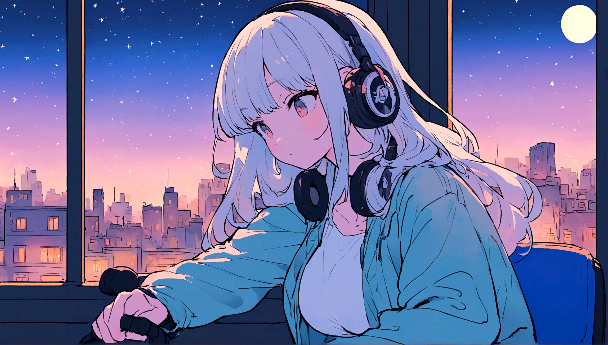 portrait、512、lofi、Girl with headphones sitting in a chair studying、night、Pastel colors、Painting, lots of stars and moon, super big breast,pank rock,portrait、512、lofi、Girl with bike、City view outside the window、night、Pastel colors、Painting, lots of stars and moon, super big breast,Riding a motorcycle and going for a run.
