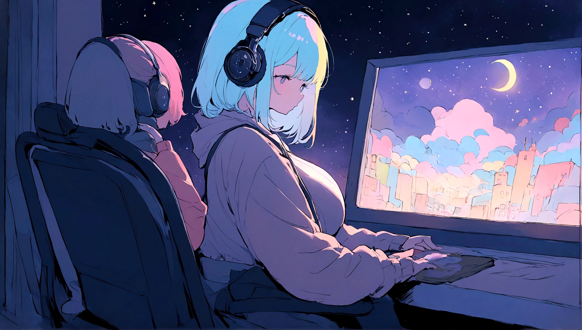 portrait、512、lofi、Girl with headphones sitting in a chair studying、night、Pastel colors、Painting, lots of stars and moon, super big breast,pank rock,portrait、512、lofi、Girl with bike、City view outside the window、night、Pastel colors、Painting, lots of stars and moon, super big breast,Riding a motorcycle and going for a run.