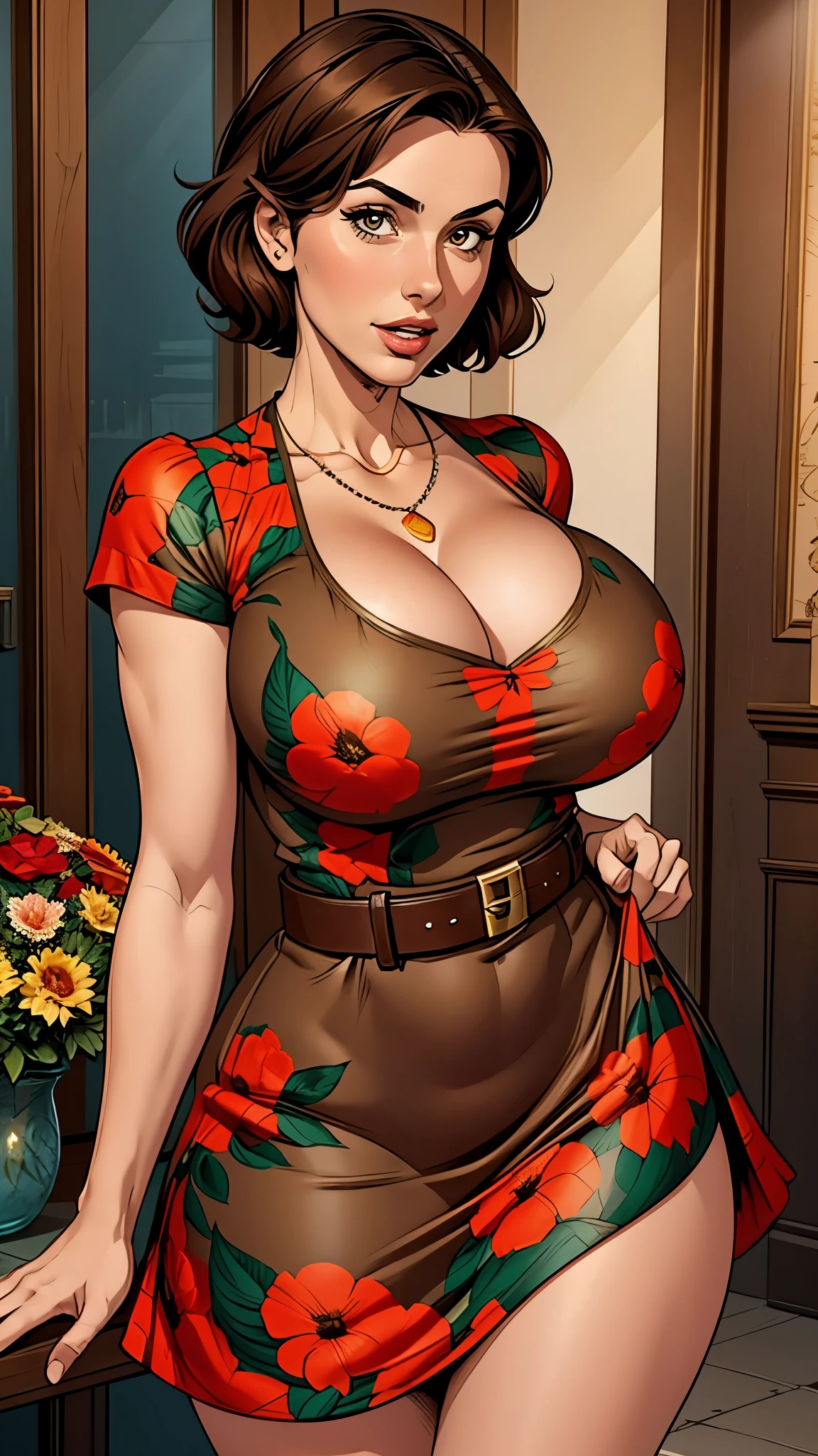 Italian young girl, short chocolate hair, red cutout casual flower dress with a belt and a necklace. Busty, big ass, must be a beautiful woman, sexy. Comic style