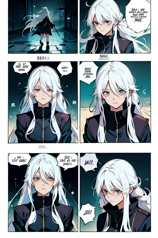 Girl with long white hair crying while fighting, manga page with panels and dialogue 
