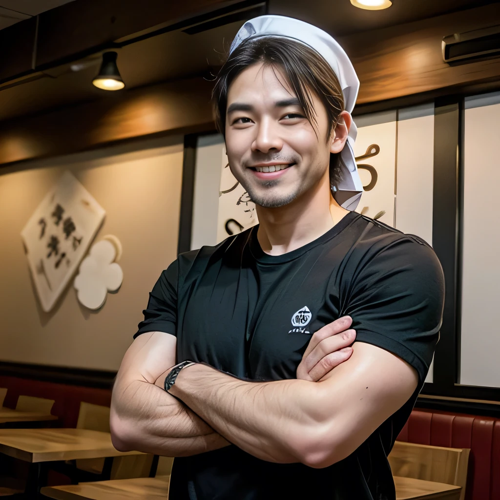 8K, ultra detailed, (realistic:1.2), masterpiece, 40yo, A man wearing a black T-shirt and a white bandana on his head, crossed arms, (smile:1.1),(fat, muscular:1.0), Ramen restaurant kitchen, standing