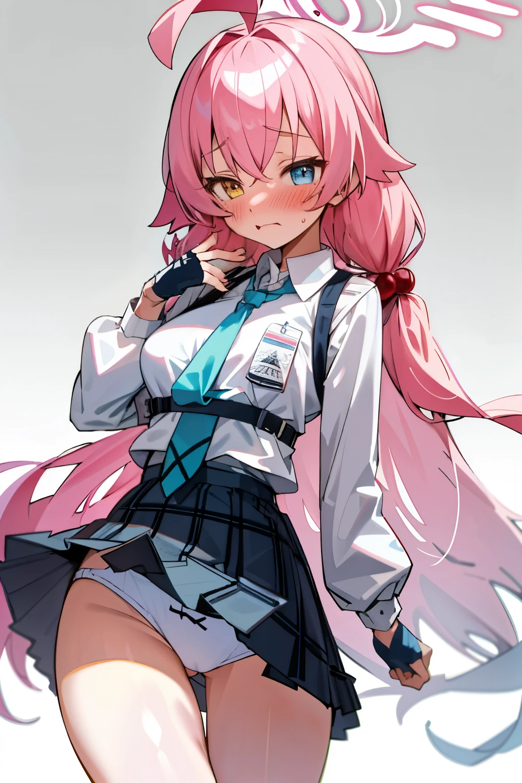 Hoshino (Blue archive), a girl with long uniform hair, pink hair, embarrassed face, blushing, bra visible, classroom, best quality, High quality, big breast, Big ass, big hips, Good thighs