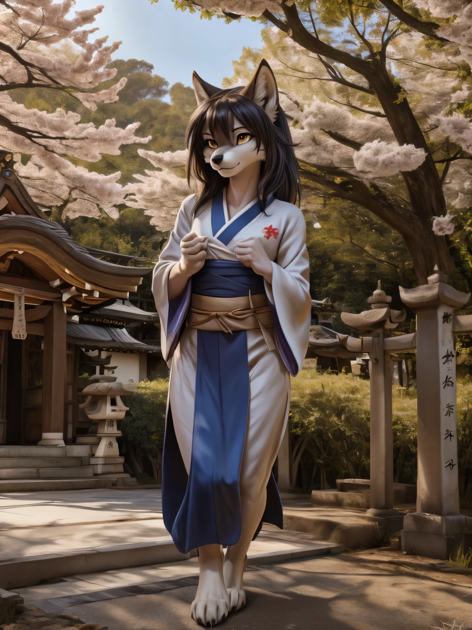 uploaded on e621,by hioshiru, by zaush, by Einshelm, solo anthro, ((Portrait)), BREAK, (detailed Bonifasko lighting), Nature Goddess, (Detailed fur), (detailed skin), BREAK, (Cinematic lighting), ((Detailed background)), (half body shadow), [Backlighting], [crepuscular ray], [Detailed ambient light], [gray natural lighting], [ambient light on the belly], (higher wildlife feral detail), [explict content], [sharp-focus], (Questionable content), (shaded), ((Masterpiece), furry fantasy art, anthro art, commission for high res, Furry art, Masterpiece, Best Quality, Detailed image, Bright colors, Detailed Face, perfect lighting, Perfect shadows, Perfect eyes, focus on girl, gorgeous body, Hourglass body, black and white skin, two toned markings, spots, 1girl, full body, (Masterpiece:1.2), (Best Quality:1.2), (illustartion:1.2), (Cinematic lighting:1.3), Detailed skin, Balanced coloring, female, ((wolf)), (canine), anthro, attractive body, sexy body, thick-thighs, Suggestive Pose, realistic hands, Shinto shrine, small breasts, skinny, digitigrade legs, paws, full body portrait, kimono, wearing kimono, floral print kimono, ankle length dress, dark hair, yellow eyes, 1girl, obi, sash, looking offscreen, jinzya, komainu, sakura blossoms,