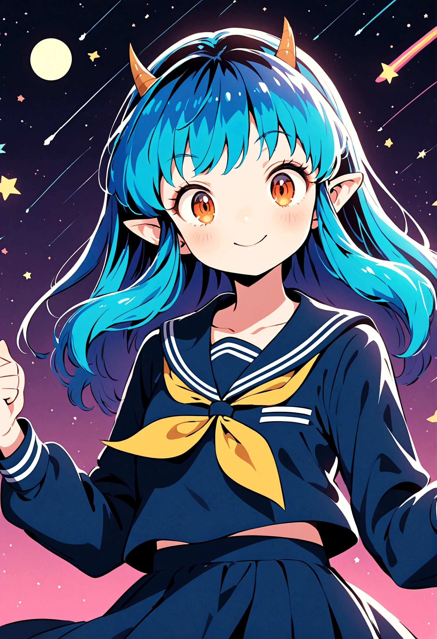 takahashi rumiko style,(1 girl,Lum,long hair,bangs,blue hair,orange eyes,horns,pointy ears,aqua hair,oni horns,(eyeshadow),(shirt,long sleeves,sailor suit,sailor collar,neckerchief,yellow neckerchief,blue shirt,blue sailor collar,blue skirt),the character Lum from "Urusei Yatsura",Do cute girly poses,A sluggish smile,Bright and cheerful atmosphere,Background elements such as space or a starry sky,(masterpiece:1.3),(highest quality:1.4),(ultra detailed:1.5),High resolution,extremely detailed,unity 8k wallpaper,BREAK,Create a POP illustration style background,Outer space with the moon and stars floating in it,rich colors,colorful,shooting star,draw with thick lines,Sparkling,vector art,(masterpiece:1.3),(highest quality:1.4),(ultra detailed:1.5),High resolution,extremely detailed,unity 8k wallpaper