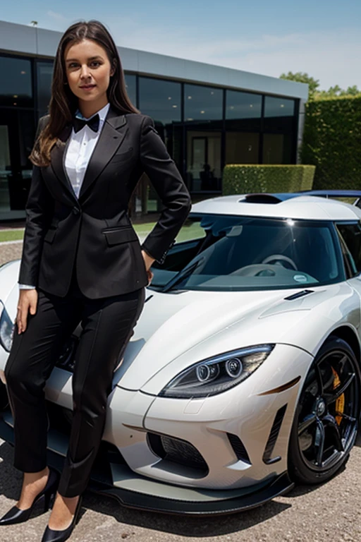 1 koenigsegg jesko next to a girl with brown hair in an elegant suit and the car stands out
