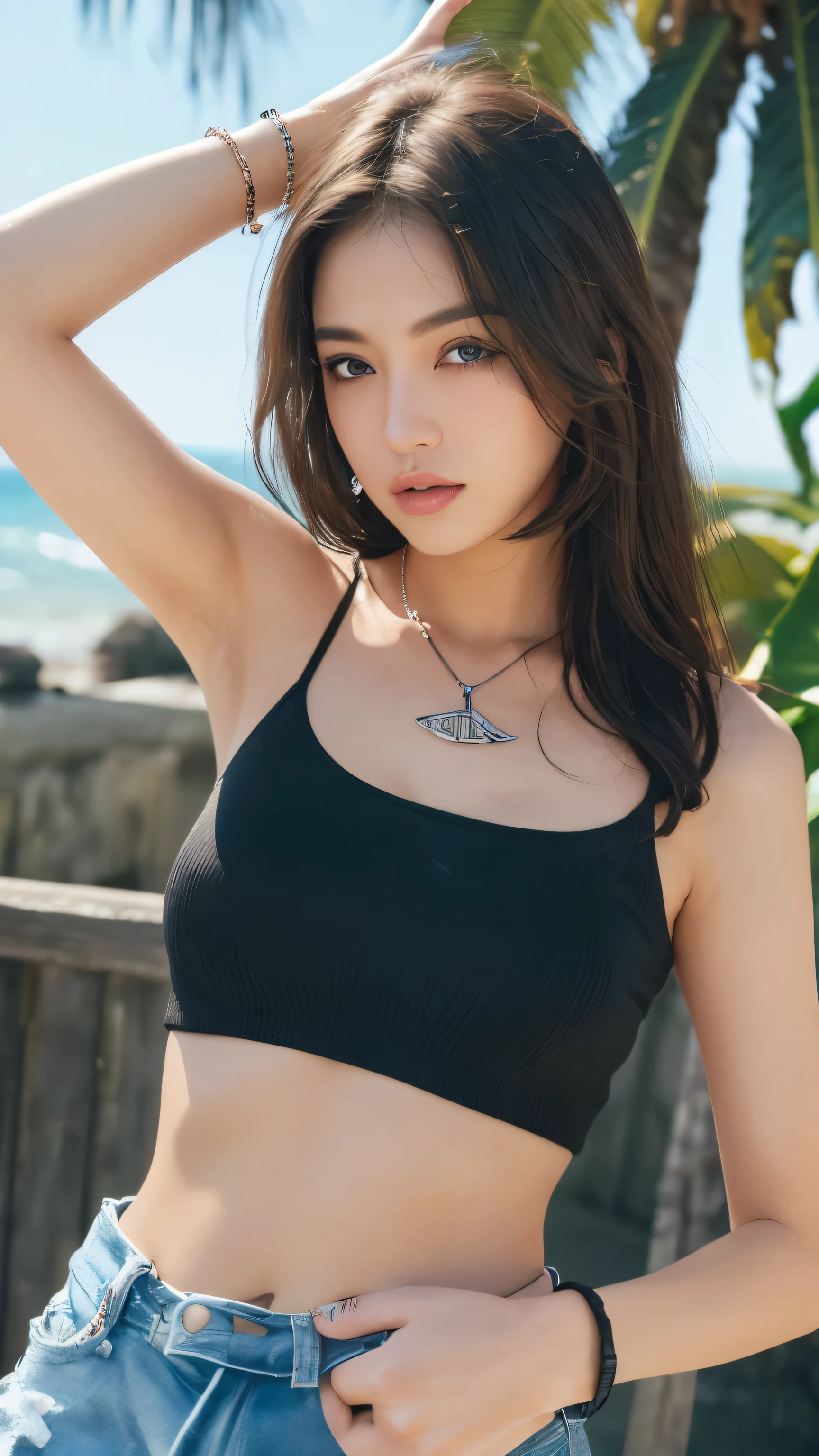 ((Photorealistic Lighting、highest quality、8k、masterpiece:1.3))、Clear focus:1.2、Browsing Caution (New South Wales) (New South Wales) (New South Wales):1.2,(:1.2)、((Realistic)) , ((Real Light、highest quality))、Model Body Type:1.4、(Dark brown hair、Proudly:1.2)、Long Hair、setting、Buckshot、(Age 25:1.3)、Highly detailed face、Detailed eyes、double eyelid、necklace、Wristband、Hair above one eye、Eyeliner、(big), (Black tank top and ripped shorts), (Seaside, Wave, Palm tree)