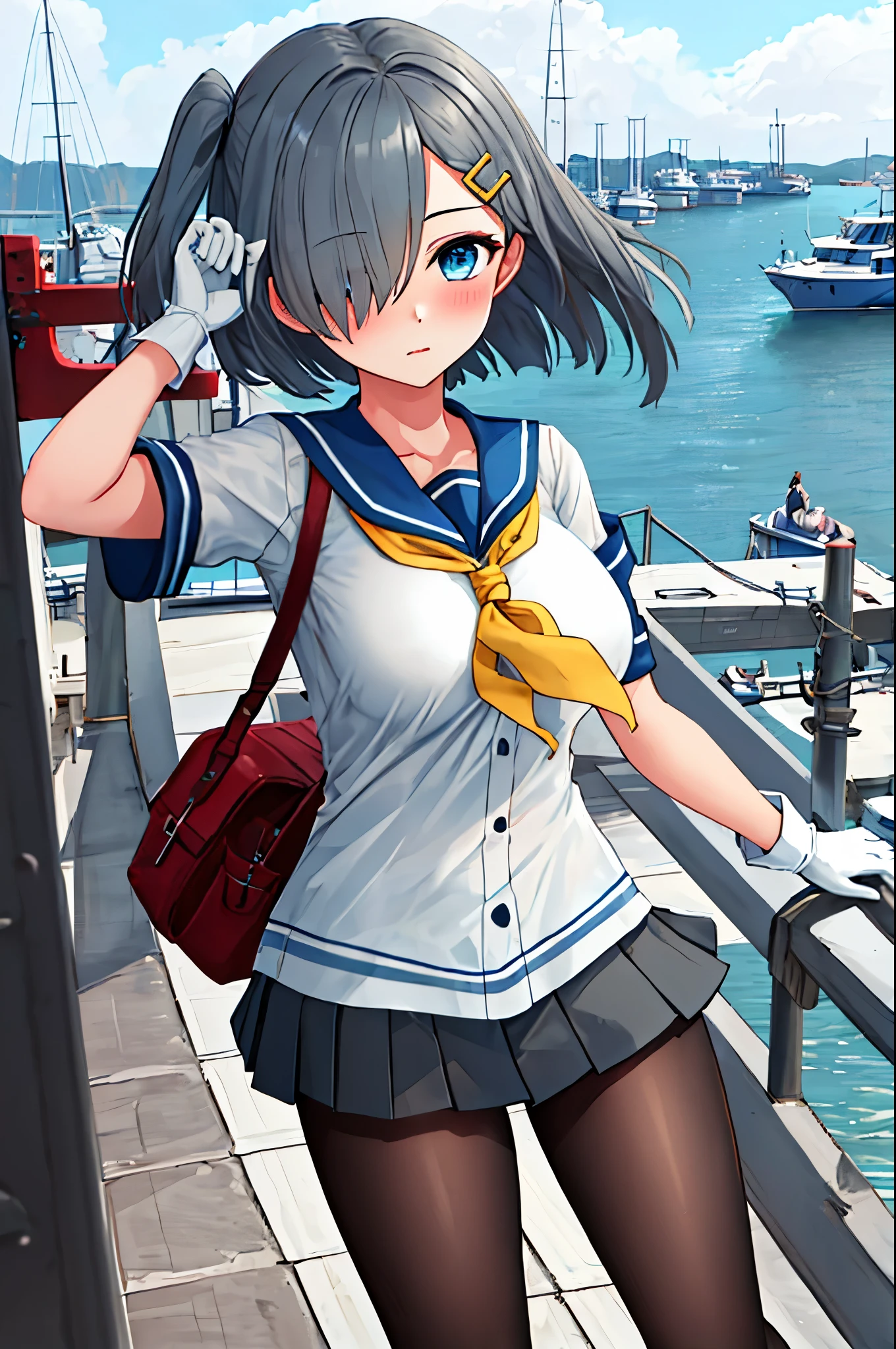 best quality, masterpiece, highres, solo, {hamakaze_kantaicollection:0.90}, 1girl, loli,younger_teen,black_pantyhose, pleated_skirt, serafuku, short_sleeves, simple_background, white_background, yellow_neckerchief, white_gloves, looking_at_viewer, grey_skirt, blush, eyes_visible_through_hair, blue_sailor_collar, dynamic_posing,long_bangs,hair_over_one_eye,harbor_school_background,outdoor,large_breasts,