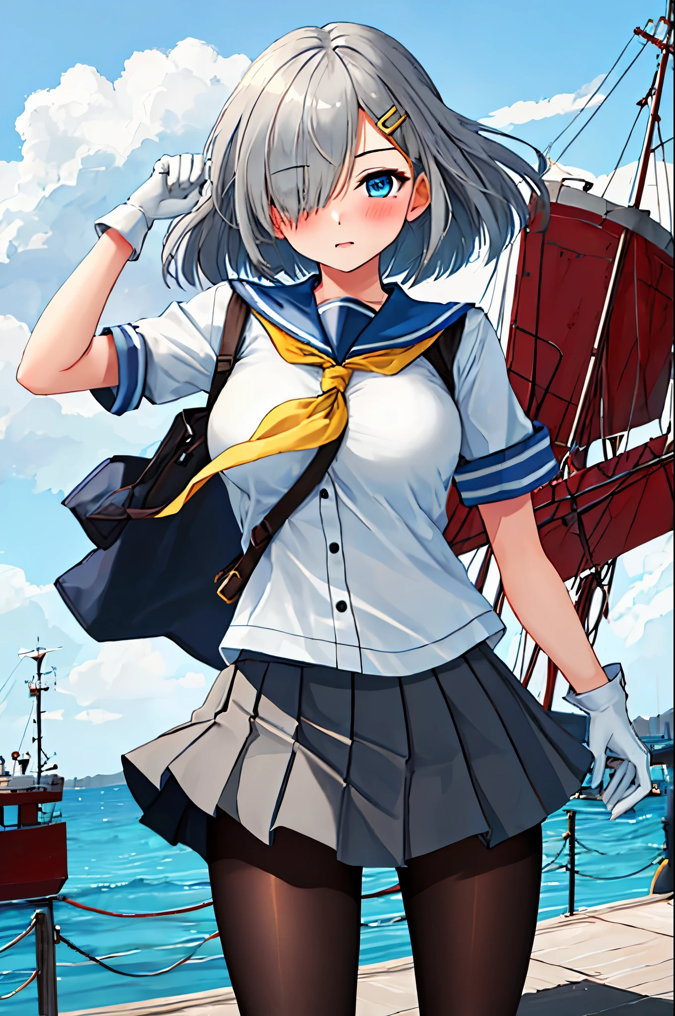 best quality, masterpiece, highres, solo, {hamakaze_kantaicollection:0.90}, 1girl, li,younger_telack_pantyhose, pleated_skirt, serafuku, short_sleeves, simple_background, white_background, yellow_neckerchief, white_gloves, looking_at_viewer, grey_skirt, blush, eyes_visible_through_hair, blue_sailor_collar, dynamic_posing,long_bangs,hair_over_one_eye,harbor_school_background,outdoor,large_breasts,