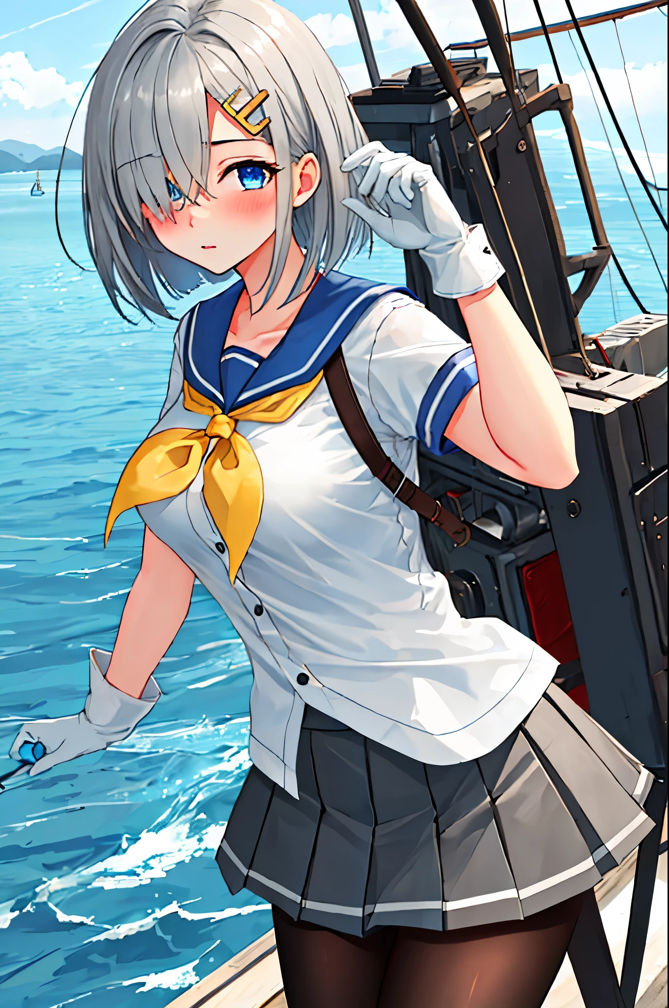 best quality, masterpiece, highres, solo, {hamakaze_kantaicollection:0.90}, 1girl, li,younger_telack_pantyhose, pleated_skirt, serafuku, short_sleeves, simple_background, white_background, yellow_neckerchief, white_gloves, looking_at_viewer, grey_skirt, blush, eyes_visible_through_hair, blue_sailor_collar, dynamic_posing,long_bangs,hair_over_one_eye,harbor_school_background,outdoor,large_breasts,