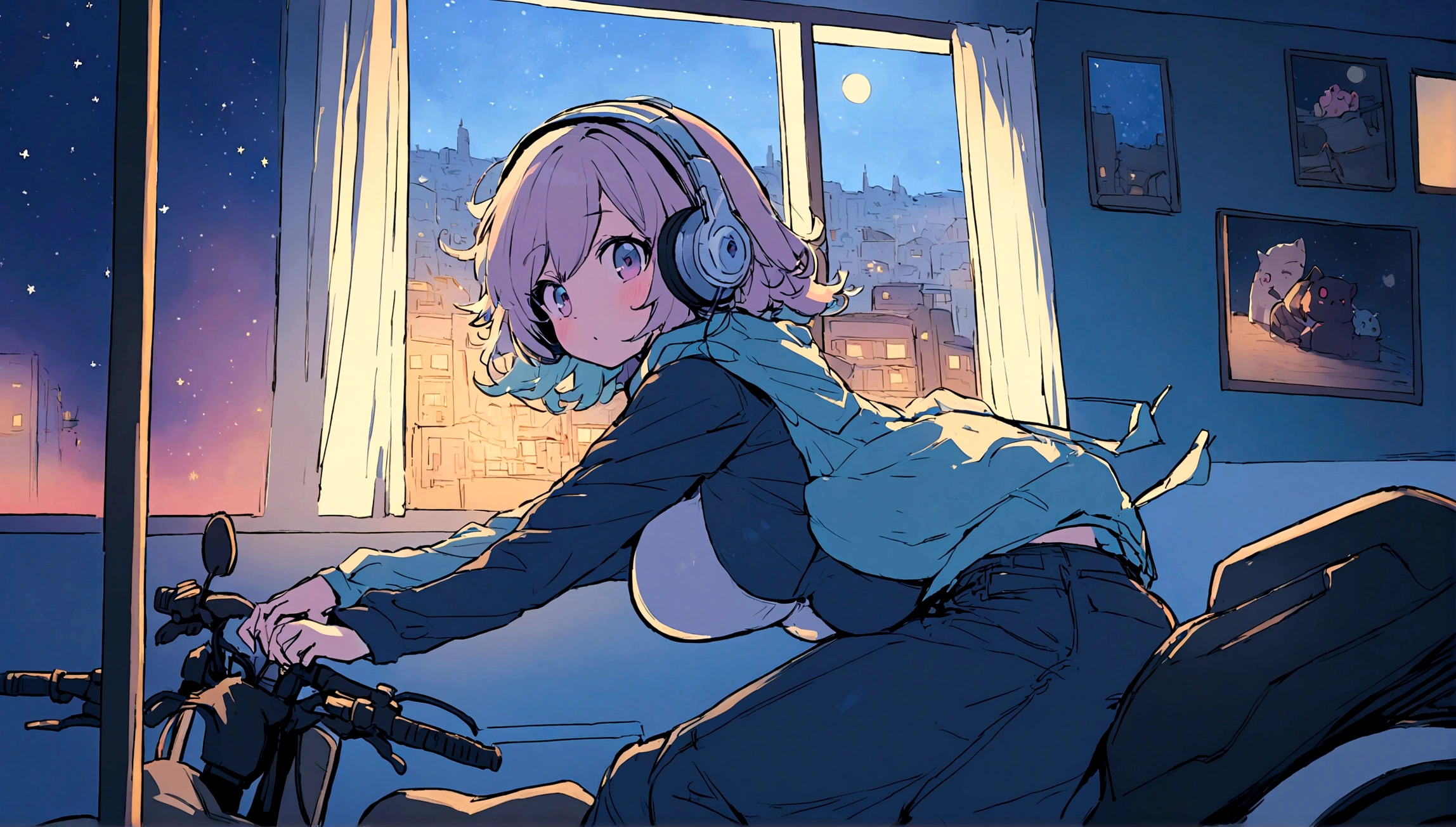 portrait、512、lofi、Girl with headphones 、night、Pastel colors、Painting, lots of stars and moon, super big breast,pank rock,portrait、512、lofi、Girl with bike、City view outside the window、night、Pastel colors、Painting, lots of stars and moon, super big breast,Riding a motorcycle and going for a run.