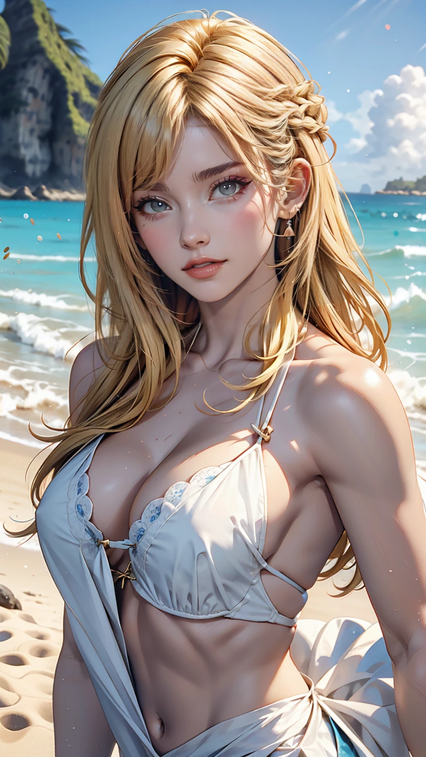 Beautiful woman, Blond hair blowing in the wind, Sparkling blue eyes, Realistic, masterpiece, Detailed, 4K, Beach Background, Detailed light, A small smile, White skin