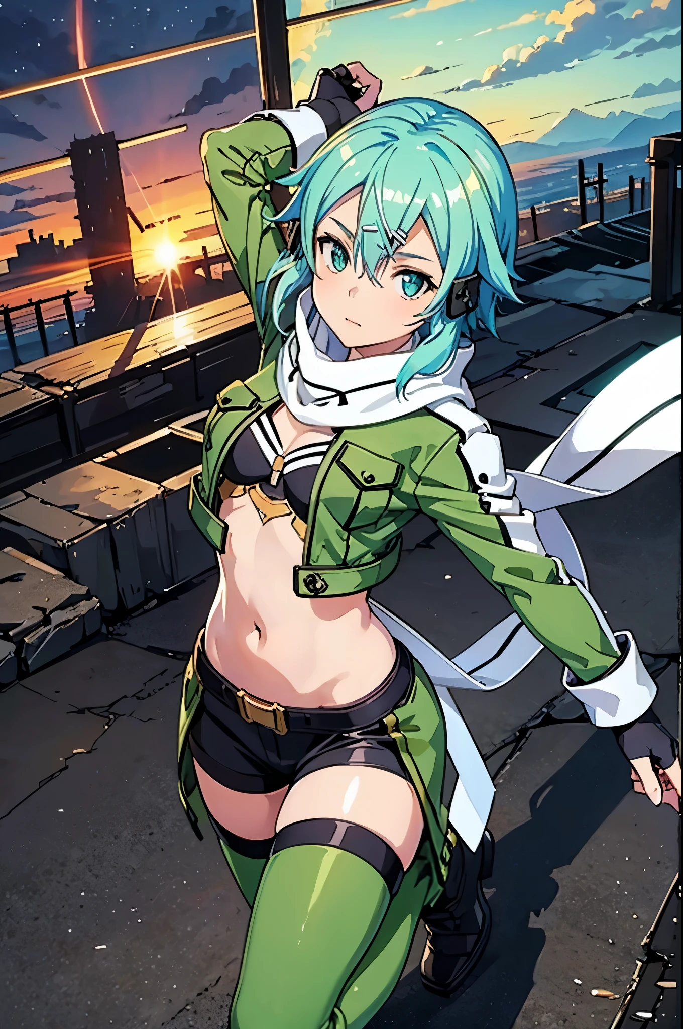 (masterpiece), best quality, expressive eyes, perfect face, highres, sinon1, scarf, fingerless gloves, long sleeves, short shorts,groin, hair ornament, hairclip, green thighhighs, green jacket,covered_nipples, thigh strap, field, sunset_ruins background, ruined structures, dynamic_posing, looking at the viewer, (from above:1.2),covered_navel,