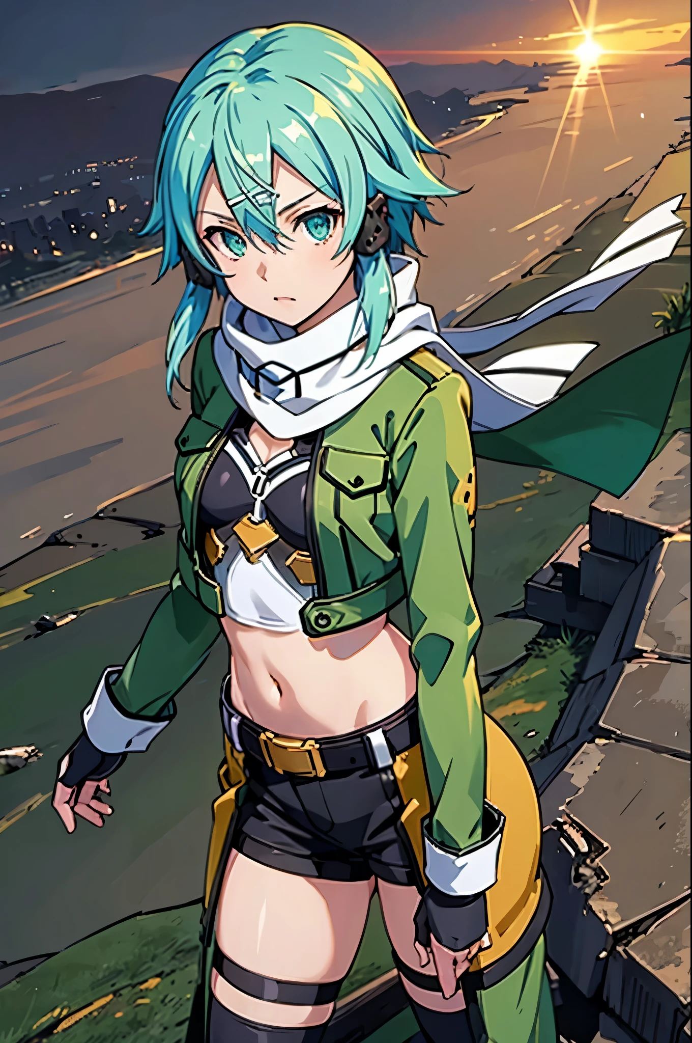 (masterpiece), best quality, expressive eyes, perfect face, highres, sinon1, scarf, fingerless gloves, long sleeves, short shorts, hair ornament, hairclip, green thighhighs, green jacket, thigh strap, field, ruins background, ruined structures, standing, portrait, looking at the viewer, (from above:1.2), (Very slim and slender muscular body:1.3), (long leges:1.5), (Extremely beautiful face, Beautiful lips, Beautiful eyes), (thicc:1.5), wide hips, (Huge breasts:1.5), (huge tit, sagging breast, Slim, tightsuit, Lower chest position, Swollen breasts, crisp breasts, Breasts during lactation)
