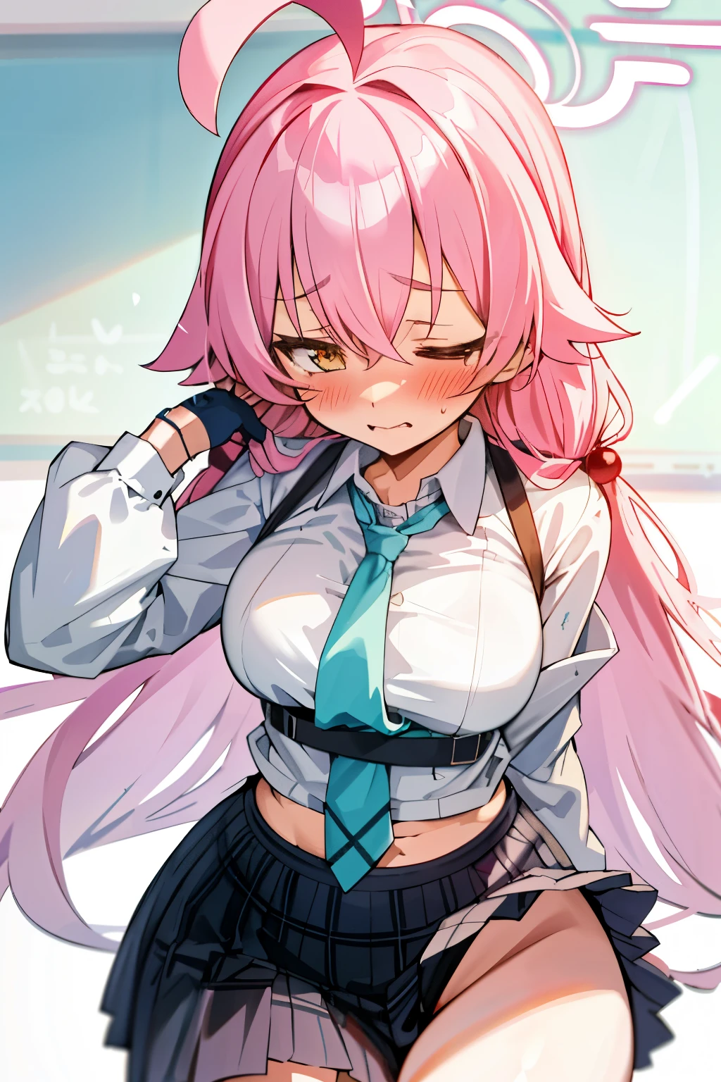 Hoshino (Blue archive), a girl with long uniform hair, pink hair, embarrassed face, blushing, bra visible, classroom, best quality, High quality, big breast, Big ass, big hips, Good thighs