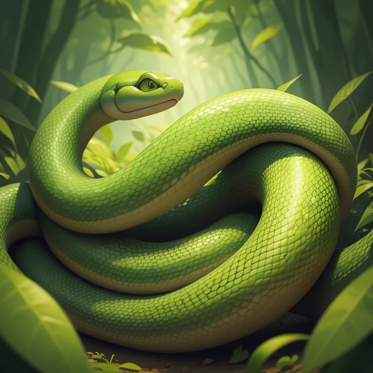 2D cartoon illustration, Disney style 2D illustration, snake tongue, little-size short snake, full snake body, little green snake, green snake eyes, green forest background