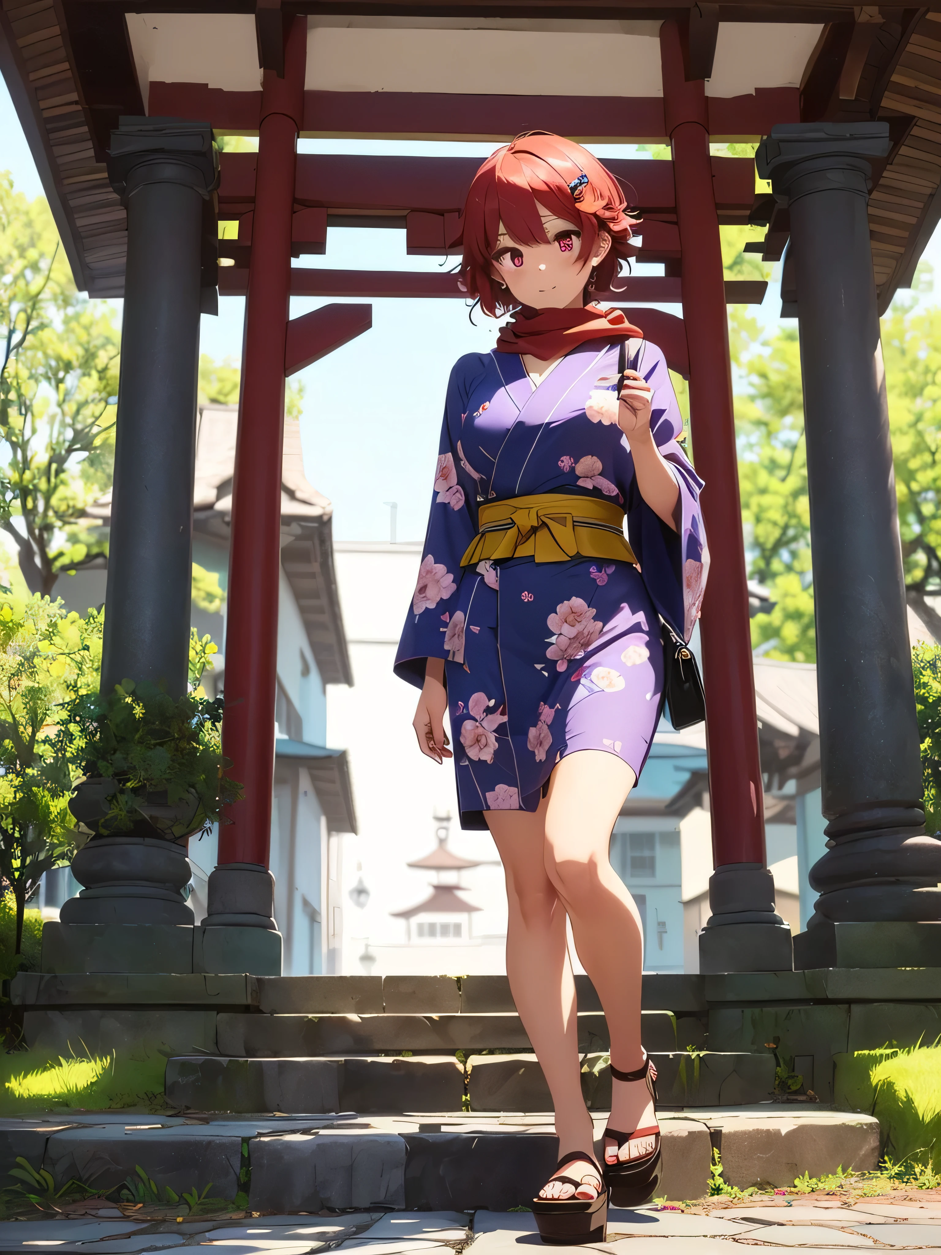 (masterpiece, super high quality, 32k anime quality, Anime Style, Beautiful brushwork, Very detailed, Perfect Anatomy), Satoshi Aizawa, 1 girl, alone, Beautifully detailed face, (Redhead, short hair, short hair with outward curls, Thick bangs parted in the middle, Long and thick sideburns, Sparkly hair clip, Hair blowing in the wind), Beautifully cut eyebrows, (Very fine eye), Red eyes, Open your mouth, smile, Very detailedな顔, Tabletop, (Red scarf, Neck size), clavicle, ((: 1.6, Hard chest)), (Purple kimono, (Purple kimono, Large floral pattern, Money), (Lime green belt, Money dragon pattern), Red obi-jime, Slim waist: 0.2, Wide Hips: 1.2, Big Ass: 1.2, (A long kimono that covers the ankles), Pale pink socks, (Black clog sandals, Red too), (Stand gracefully with your feet together), (Four fingers and a thumb), Staring at the audience, (front, Angle from below), Close-up shots of subjects, (Shrine Background, Stone steps in the foreground, On the cobblestones, The main hall in the back, Between the Torii),