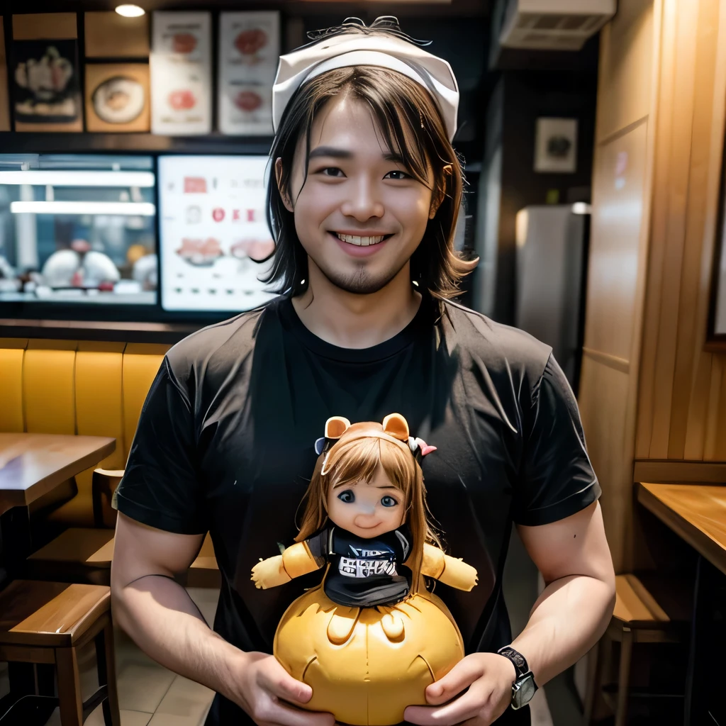 8K, ultra detailed, (realistic:1.2), masterpiece, 40yo, A man wearing a black T-shirt and a white bandana on his head, (smile:1.2),(fat, muscular:1.0), Ramen restaurant kitchen, standing, (stuffed girl toys:1.5)
