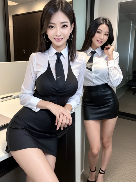 Highest Resolution, 4K, masterpiece: 1.3), Japanese Mature, A photo of a woman, sexy: 1.1, Fine Eyes, Slim figure, Realistic teeth, double eyelid, whole body, highest quality, detailed, business suit, At the office, sexyポーズ, mini skirt、１girl、smile、