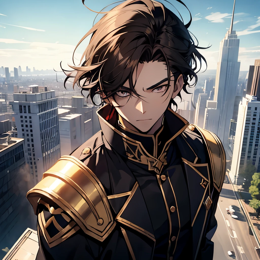 Man, male RPG character with lord outfit, anime, black outfit with yellow details, long dark hair, emperor, 19 year old young man, lots of details, a city in the background, dark eyes with brown details, scar on the forehead, large scar in the shape of a cross, scar on the forehead with high resolution, highlighted scar, closed face and perfect shadows, high resolution