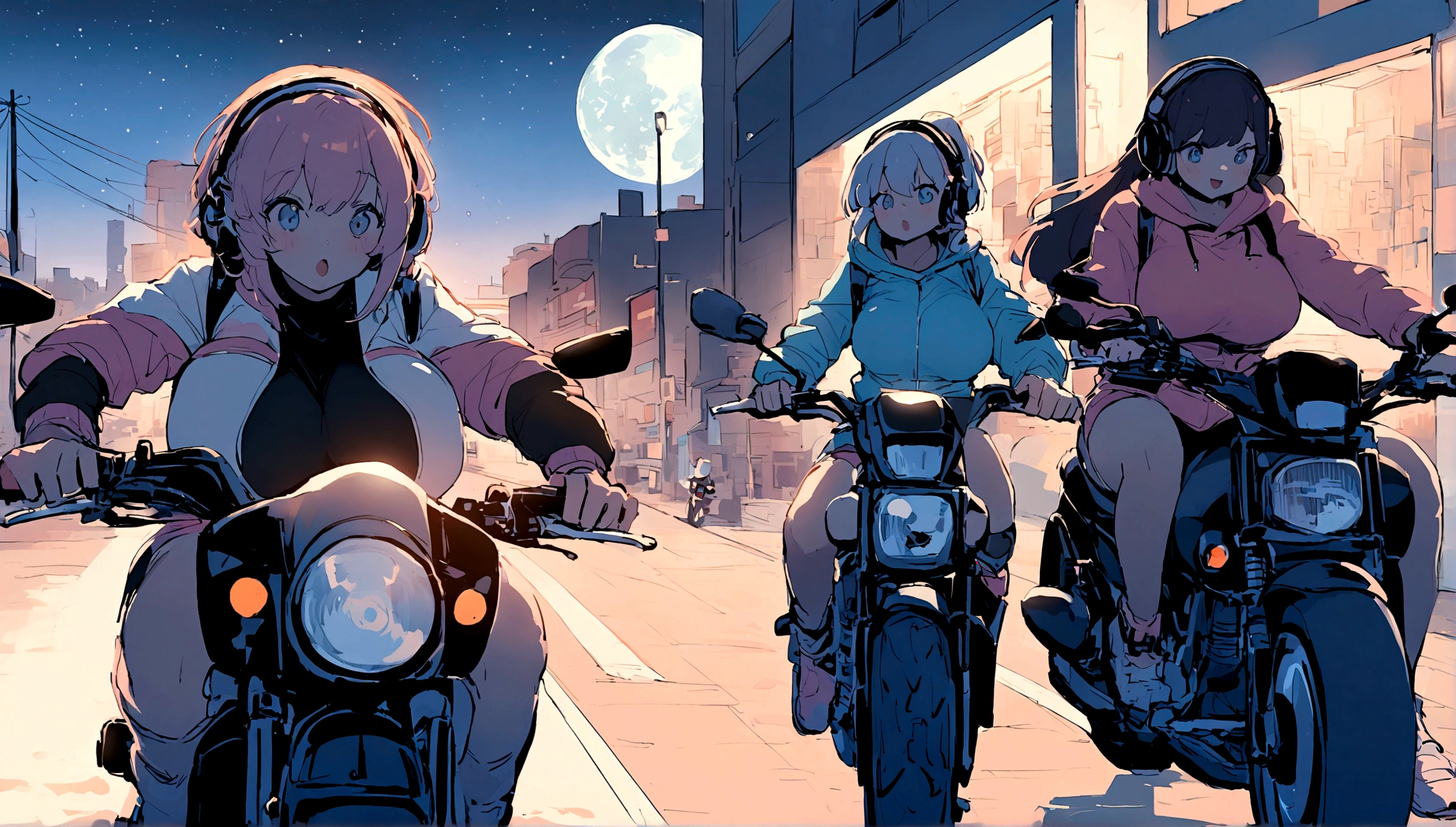 portrait、512、lofi、Girl with headphones 、night、Pastel colors、Painting, lots of stars and moon, super big breast,pank rock,portrait、512、lofi、Girl with bike、City view、Pastel colors、Painting, lots of stars and moon, super big breast,Riding a motorcycle and going for a run.
