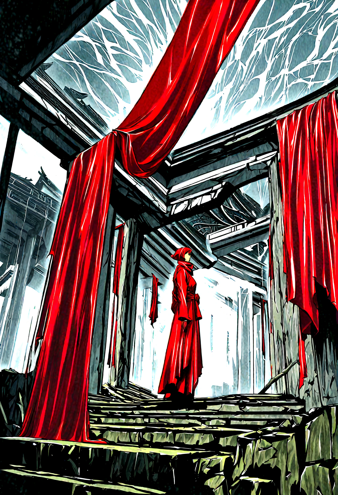 Beautiful girl in red robe, Chinese underground temple, Complex and detailed architecture, floating in the air, weird lights, Spacious and gloomy atmosphere, (best quality,4k,8K,High resolution,masterpiece:1.2),Extremely detailed,(Practical,photoPractical,photo-Practical:1.37),Complex buildings, Gorgeous details, Dramatic Lighting, moody atmosphere, Stunning beauty, flowing red robe, Mysterious ruins, unforgettable existence