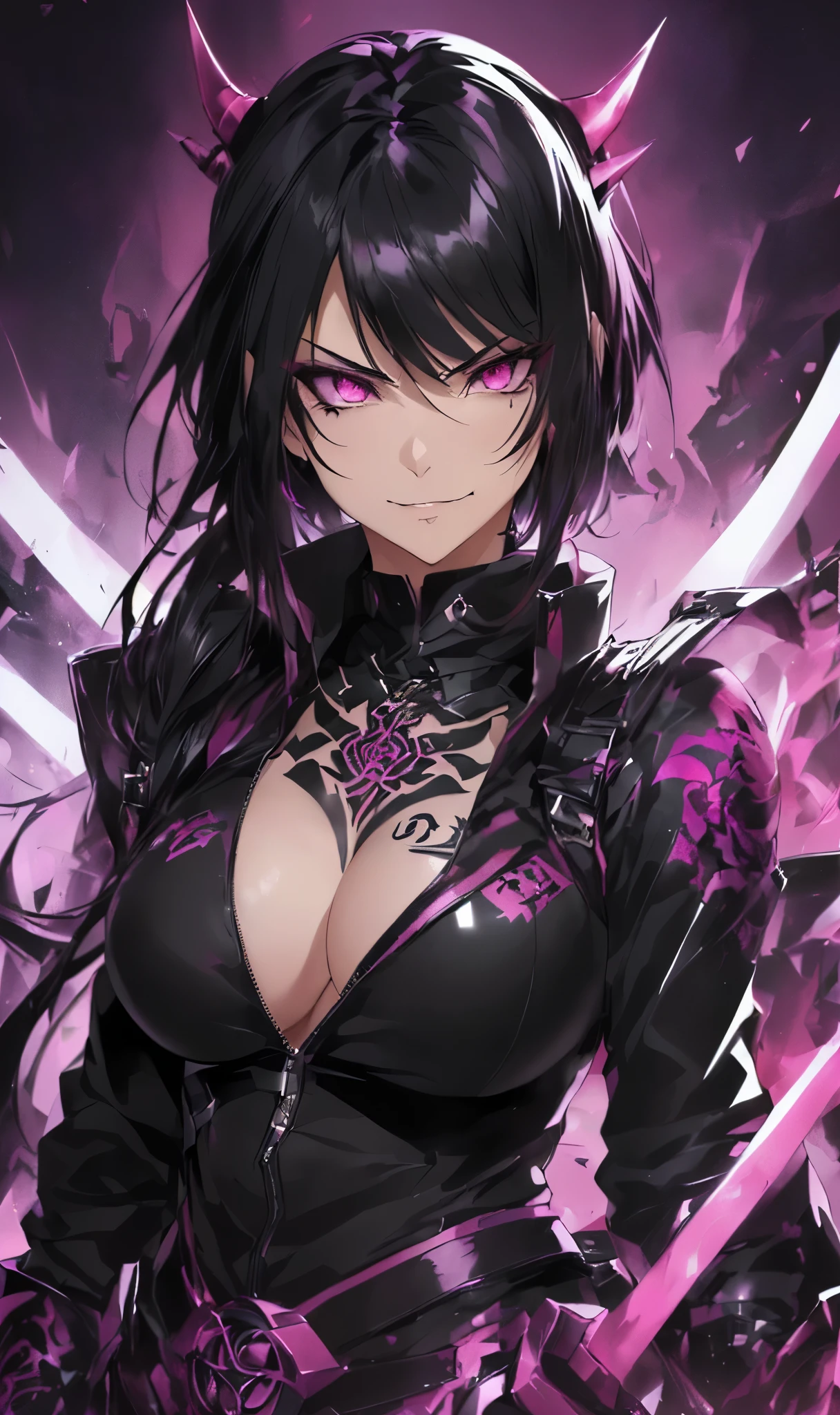 a close up of a woman with a tattoo on her arm, black hair, pink eyes, badass anime 8 k, official art, demon slayer rui fanart, detailed anime character art, evil smirk, portrait of a female anime hero, demon slayer artstyle, badass pose, seductive anime girl, sultry smirk, anime style character