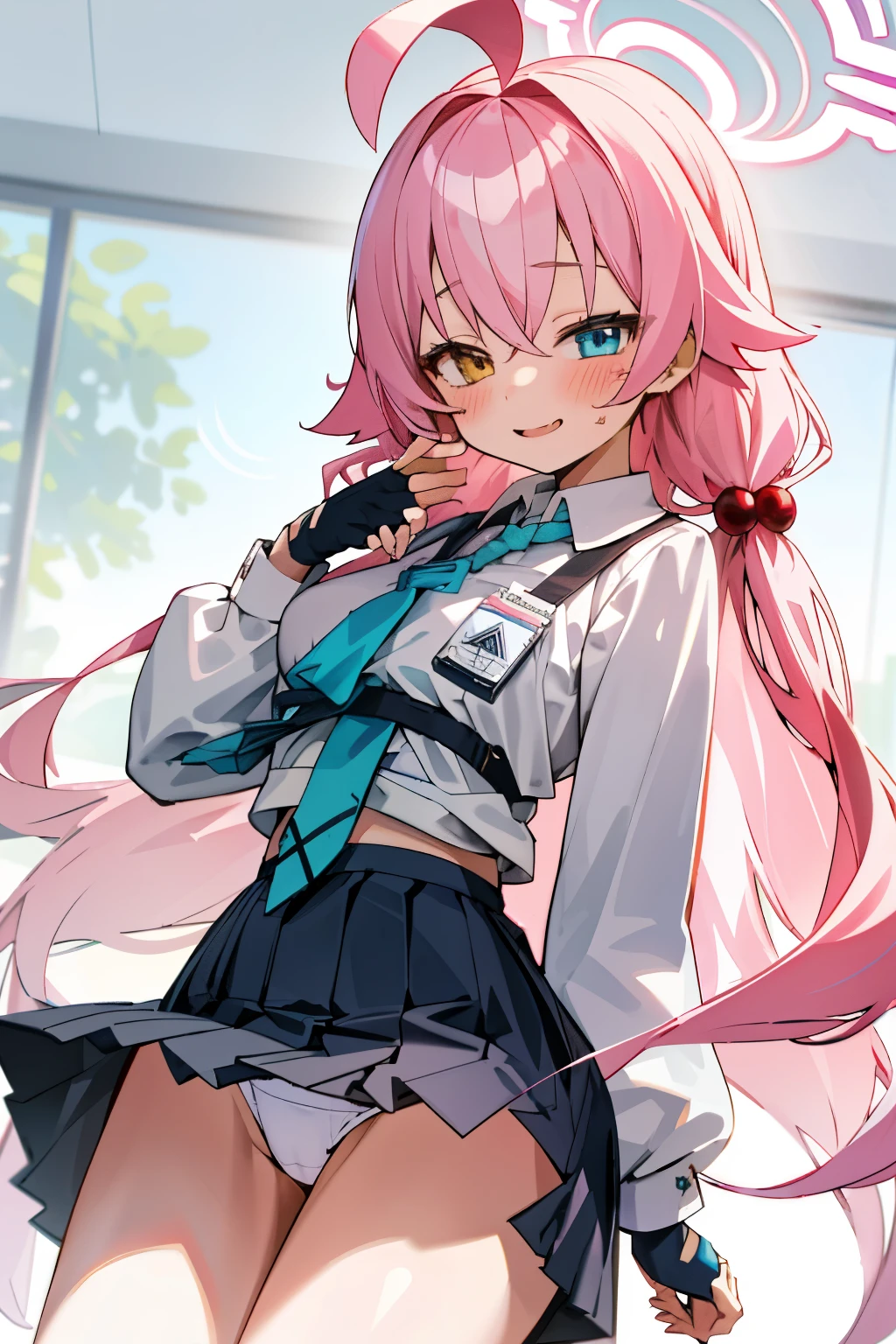 Hoshino (Blue archive), a girl with long uniform hair, pink hair, mischievous look, happy face, blush, visible bra, classroom, best quality, high quality, big breast, big ass, big hips, big thighs,