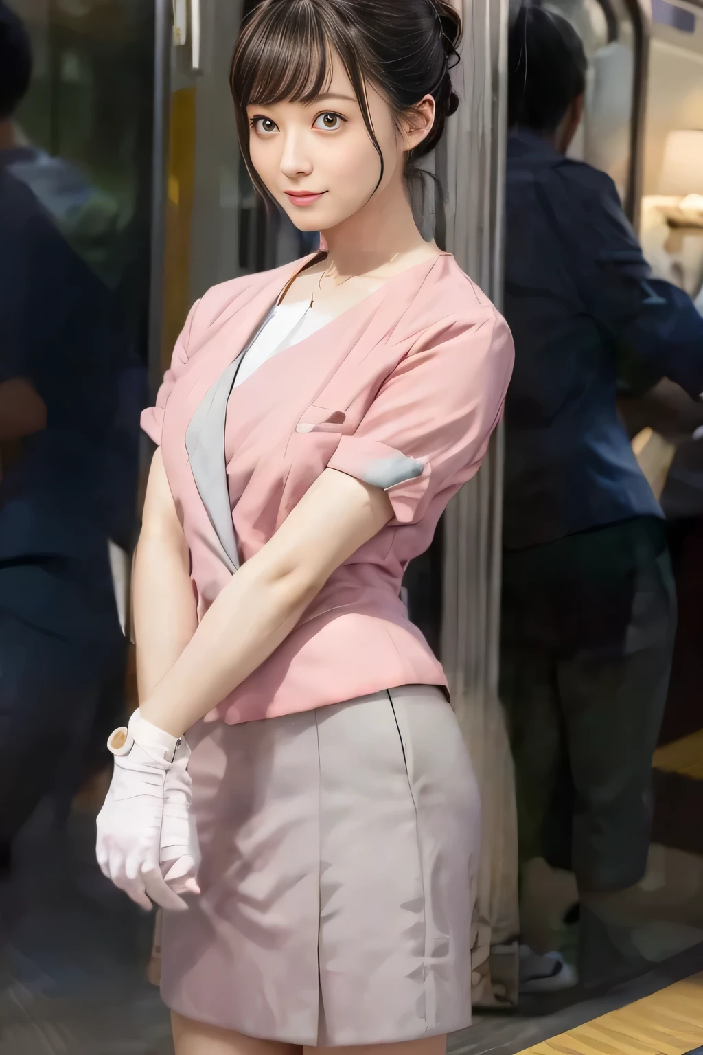 (masterpiece:1.2, highest quality:1.2), 32K HDR, High resolution, (alone、1 girl)、(On the rooftop of a building in the daytime、Professional Lighting)、Building rooftop background、(Nankai train crew uniform pinkを着たリアルスタイル)、(Nankai train crew uniform pink short sleeve collarless pink jacket、Nankai Train Crew Uniform Pink Collarless Short Sleeve Blouse、Nankai Train Crew Uniform Pink Grey Knee-length Culottes)、((The bottom of the pink short-sleeved jacket cannot be tucked into the clay-colored culottes.))、Dark brown hair、(Hair tied up、Hair Bun、Hair Bun)、Dark brown hair、Long Shot、Big Breasts、Thin legs、((Great hands:2.0)),((Harmonious body proportions:1.5)),((Normal limbs:2.0)),((Normal finger:2.0)),((Delicate eyes:2.0)),((Normal eyes:2.0)))、(Nankai Train Crew Uniform Pink Grey Knee-length Culottesを見せた美しい立ち姿)、smile