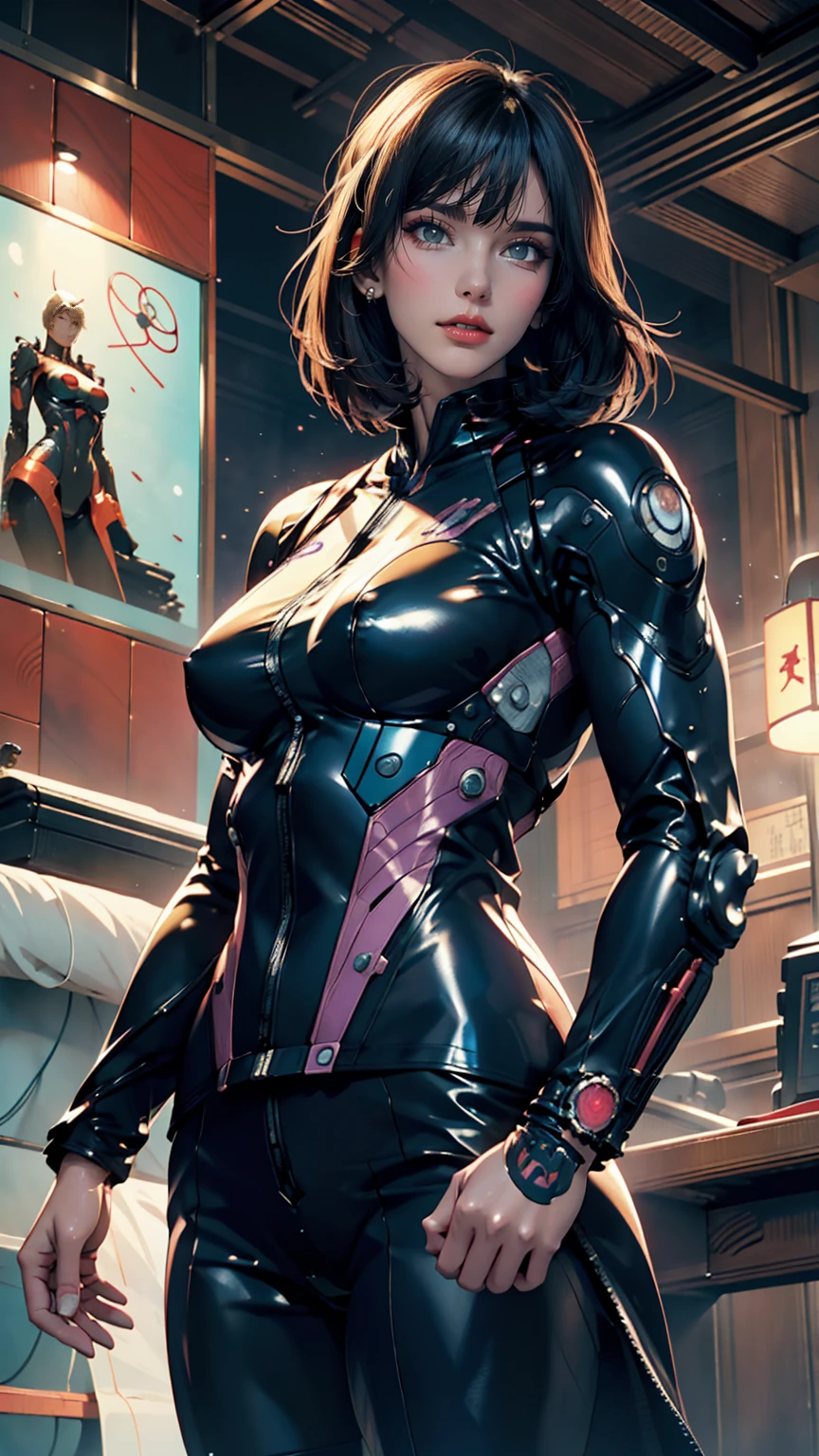 Ghost in the Shell in 90s vintage anime style, Robotics, SF, Futuristic, Surrealism, Akira Style, First action, Detailed line drawing, Fine details, Greg Rutkowski Makoto Shinkai Kyoto Animation Key Art Feminine Eye Shot、Kusanagi Motoko、Black Leather Suit、Thought Tank(Fuchikoma、Tachikoma)Get on top of