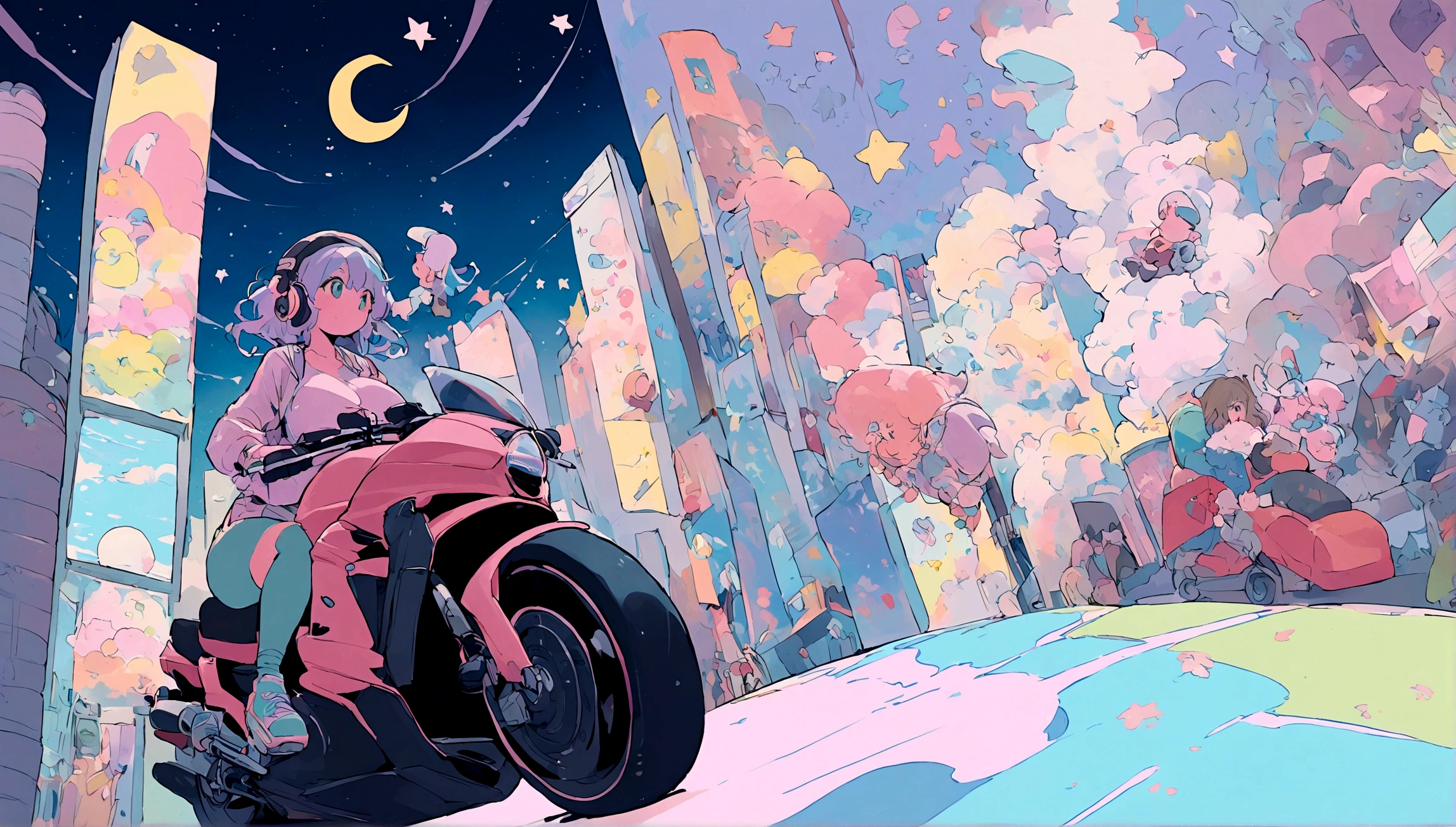 portrait、512、lofi、Girl with headphones 、night、Pastel colors、Painting, lots of stars and moon, super big breast,pank rock,portrait、512、lofi、Girl with bike、City view、Pastel colors、Painting, lots of stars and moon, super big breast,Riding a motorcycle and going for a run.