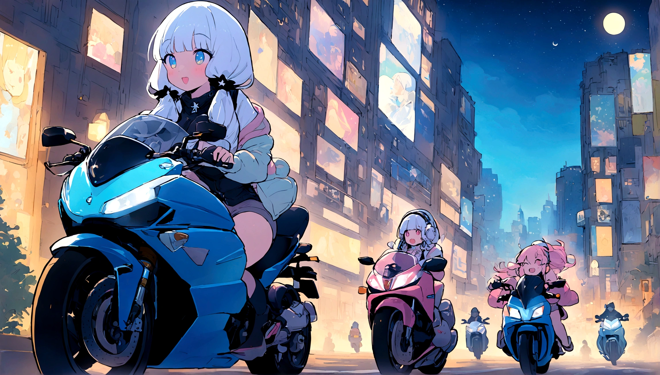 portrait、512、lofi、Girl with headphones 、night、Pastel colors、Painting, lots of stars and moon, super big breast,pank rock,portrait、512、lofi、Girl with bike、City view、Pastel colors、Painting, lots of stars and moon, super big breast,Riding a motorcycle and going for a run.