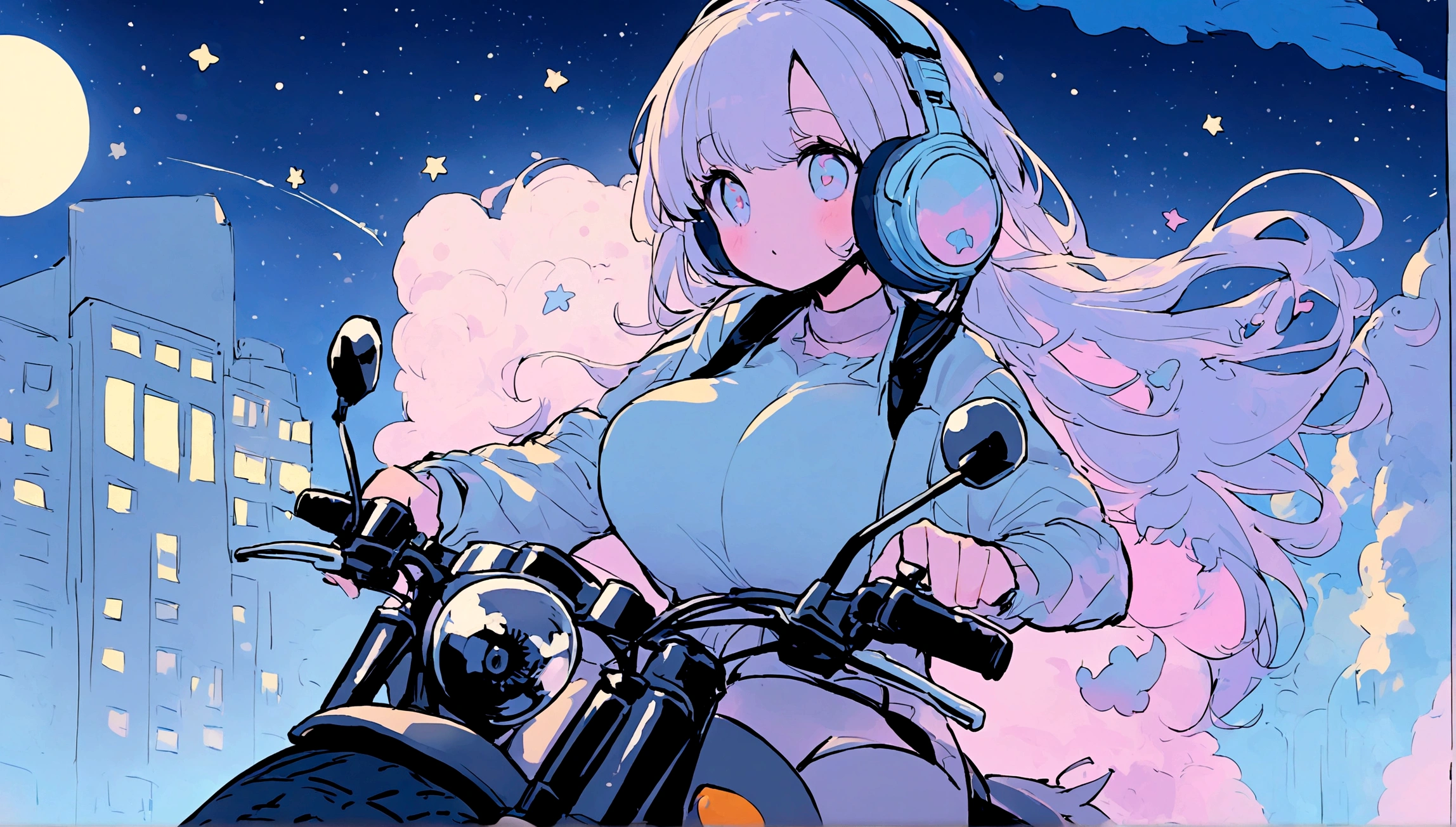 portrait、512、lofi、Girl with headphones 、night、Pastel colors、Painting, lots of stars and moon, super big breast,pank rock,portrait、512、lofi、Girl with bike、City view、Pastel colors、Painting, lots of stars and moon, super big breast,Riding a motorcycle and going for a run.