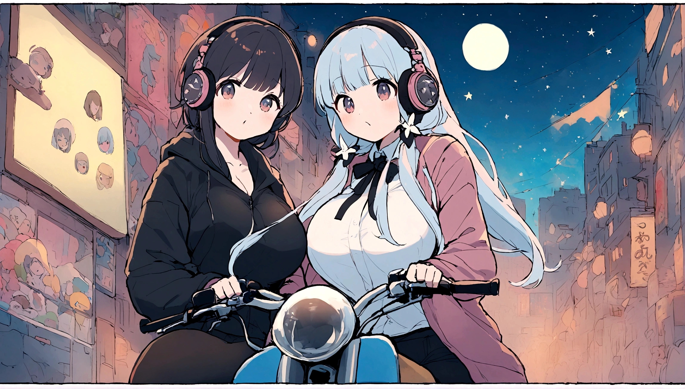 portrait、512、lofi、Girl with headphones 、night、Pastel colors、Painting, lots of stars and moon, super big breast,pank rock,portrait、512、lofi、Girl with bike、City view、Pastel colors、Painting, lots of stars and moon, super big breast,Riding a motorcycle and going for a run.
