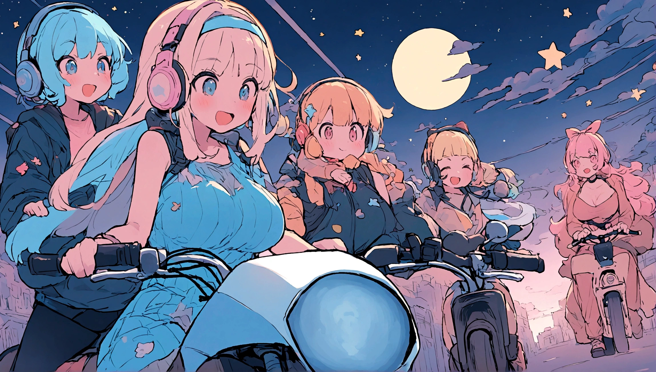 portrait、512、lofi、Girl with headphones 、night、Pastel colors、Painting, lots of stars and moon, super big breast,pank rock,portrait、512、lofi、Girl with bike、City view、Pastel colors、Painting, lots of stars and moon, super big breast,Riding a motorcycle and going for a run.