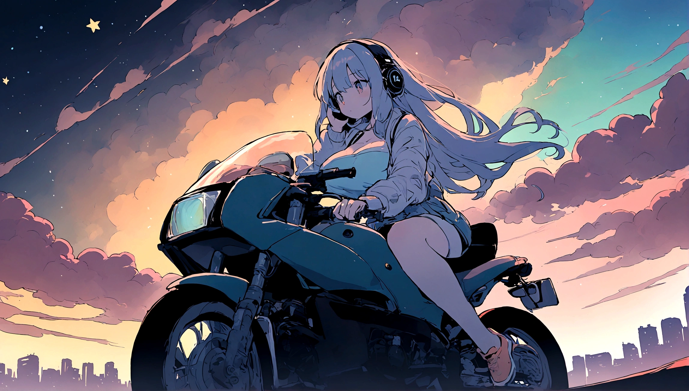 portrait、512、lofi、Girl with headphones 、night、Pastel colors、Painting, lots of stars and moon, super big breast,pank rock,portrait、512、lofi、Girl with bike、City view、Pastel colors、Painting, lots of stars and moon, super big breast,Riding a motorcycle and going for a run.