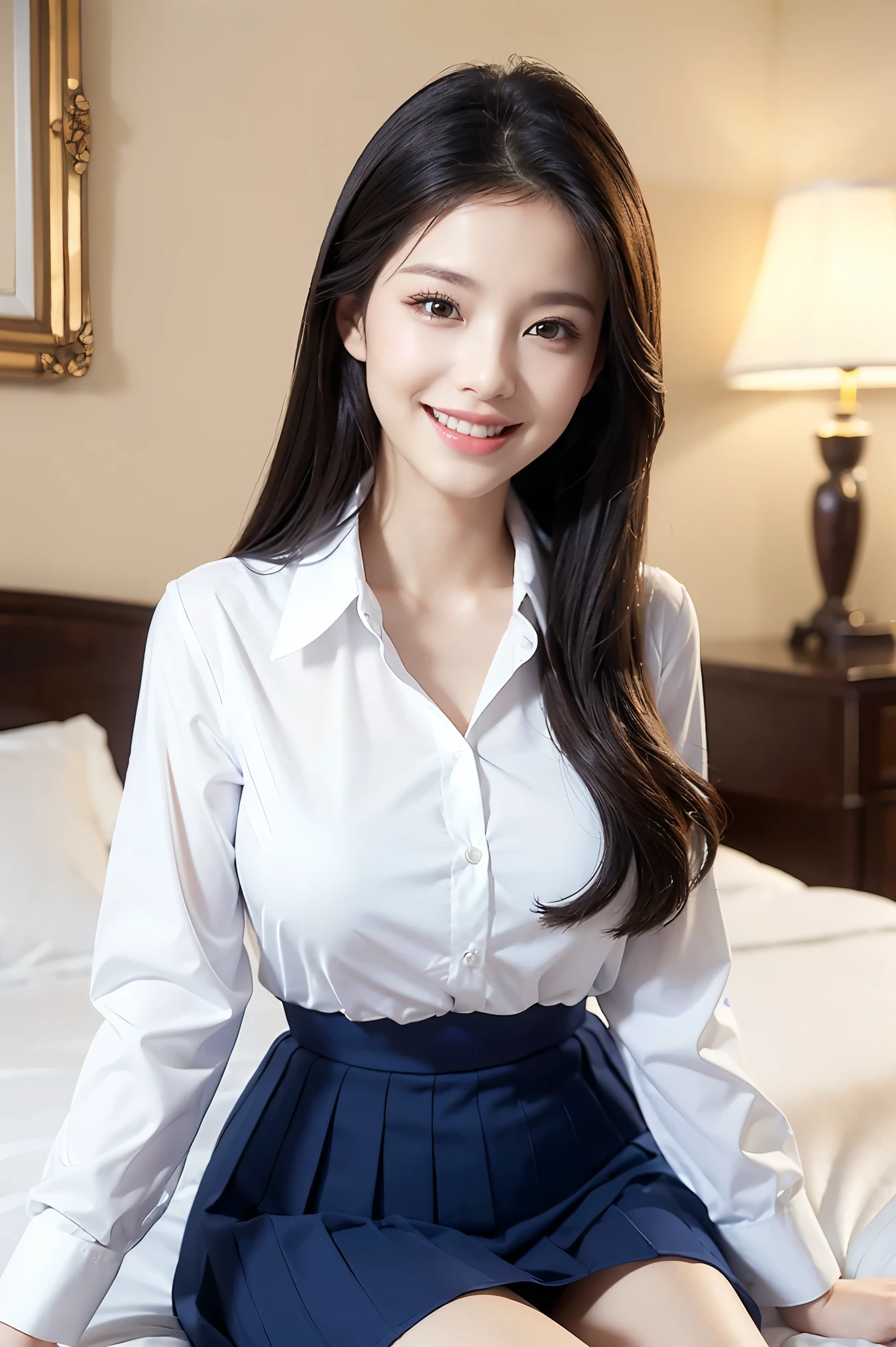 (highest quality、Tabletop、8k、Best image quality、Award-winning works)、(3 year old and high school girl:1.3)、(White polyester shirt:1.1)、(Navy Pleated Skirt:1.15)、(The most natural and perfect three-year-old:1.2)、(The most accurate and detailed 3 year old:1.3)、(Close-up of face:1.2)、(Big Breasts:1.1)、Accentuate your body lines、Ultra HD Hair、Ultra high resolution perfect beautiful teeth、The most beautiful smile looks at me、Ultra-high definition beauty face、Ultra HD Hair、Ultra-high definition sparkling eyes、Shining ultra-high definition white skin、Ultra-high quality glossy lips、(Accurate anatomy:1.4)、(Extremely blurred luxury hotel bedroom background:1.1)、(Strongly blurred background:1.1)、Luxury wall decor、Luxury Interior