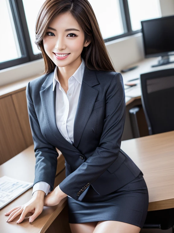 Highest Resolution, 4K, masterpiece: 1.3), Japanese Mature, A photo of a woman, sexy: 1.1, Fine Eyes, Slim figure, Realistic teeth, double eyelid, whole body, highest quality, detailed, business suit, At the office, sexyポーズ, mini skirt、１girl、smile、