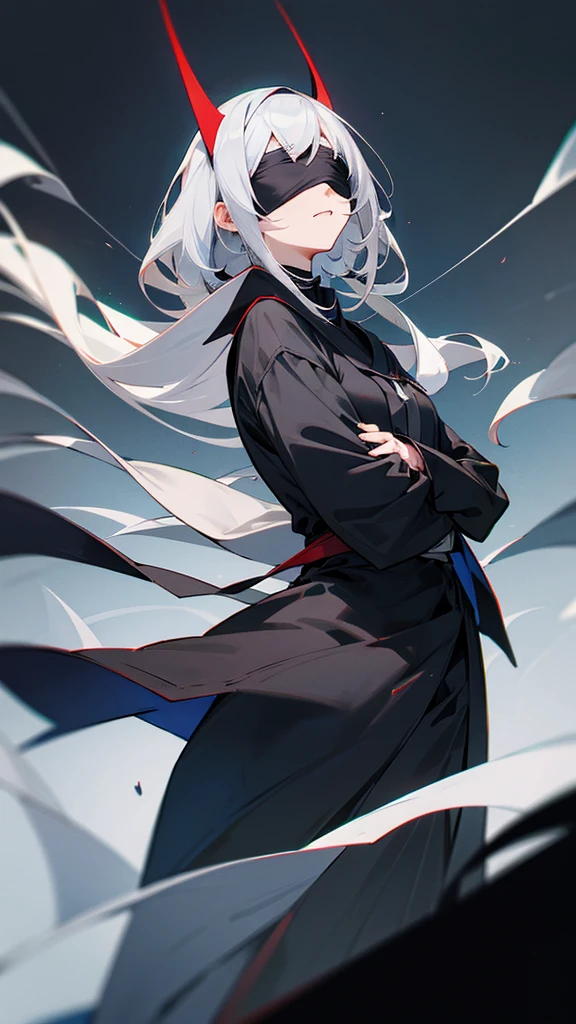 with gray hair who wears a black blindfold,alta e usa uma roupa de estudante da escola jujutsu,she has blue eyes and is thin