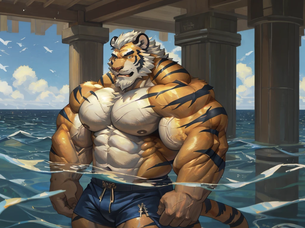 a huge muscular furry tiger old man swimming in sea, huge shoulder muscle , shirtless, muscle, strong man, huge muscle, short hair, bearded, white hair and beard, wrinkles skinned, strong muscle, strong and intimidated, masterpiece, muscular, commission for high res, male, fantasy art, very very beautiful art, art painting , painting art