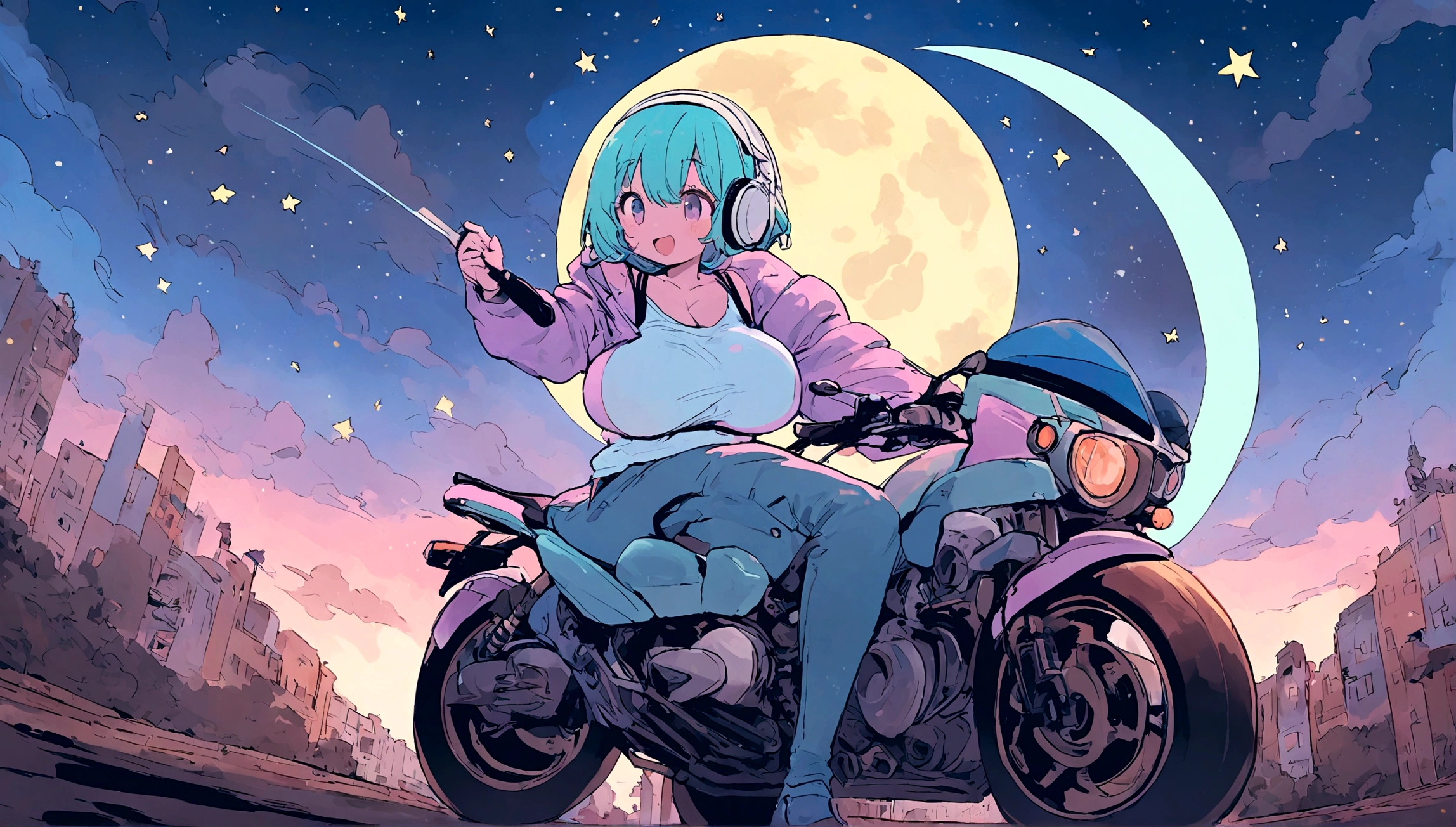 portrait、512、lofi、Girl with headphones 、night、Pastel colors、Painting, lots of stars and moon, super big breast,pank rock,portrait、512、lofi、Girl with bike、City view、Pastel colors、Painting, lots of stars and moon, super big breast,Riding a motorcycle and going for a run.